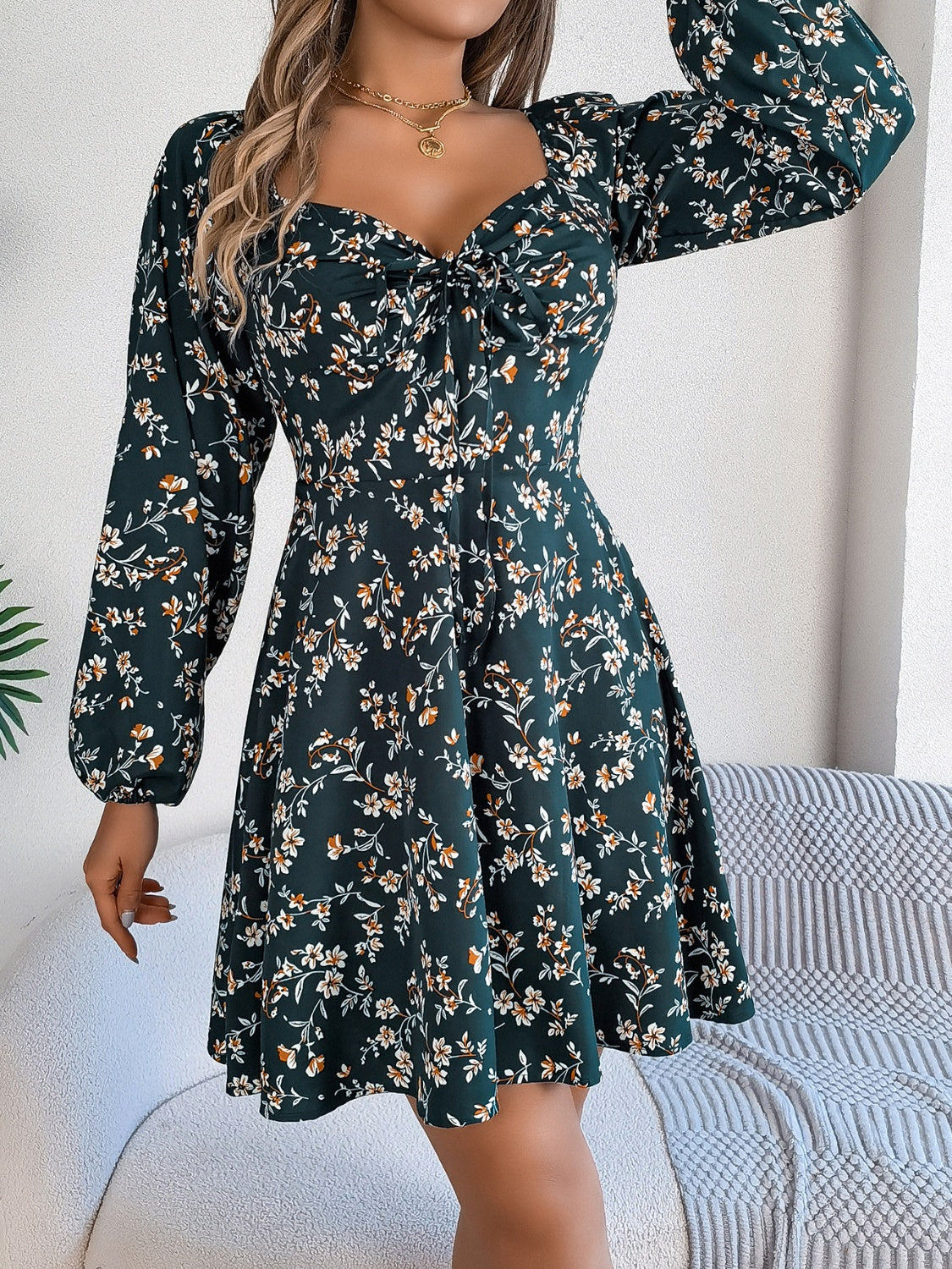 Buy dark-green Printed Sweetheart Neck Balloon Sleeve Mini Dress