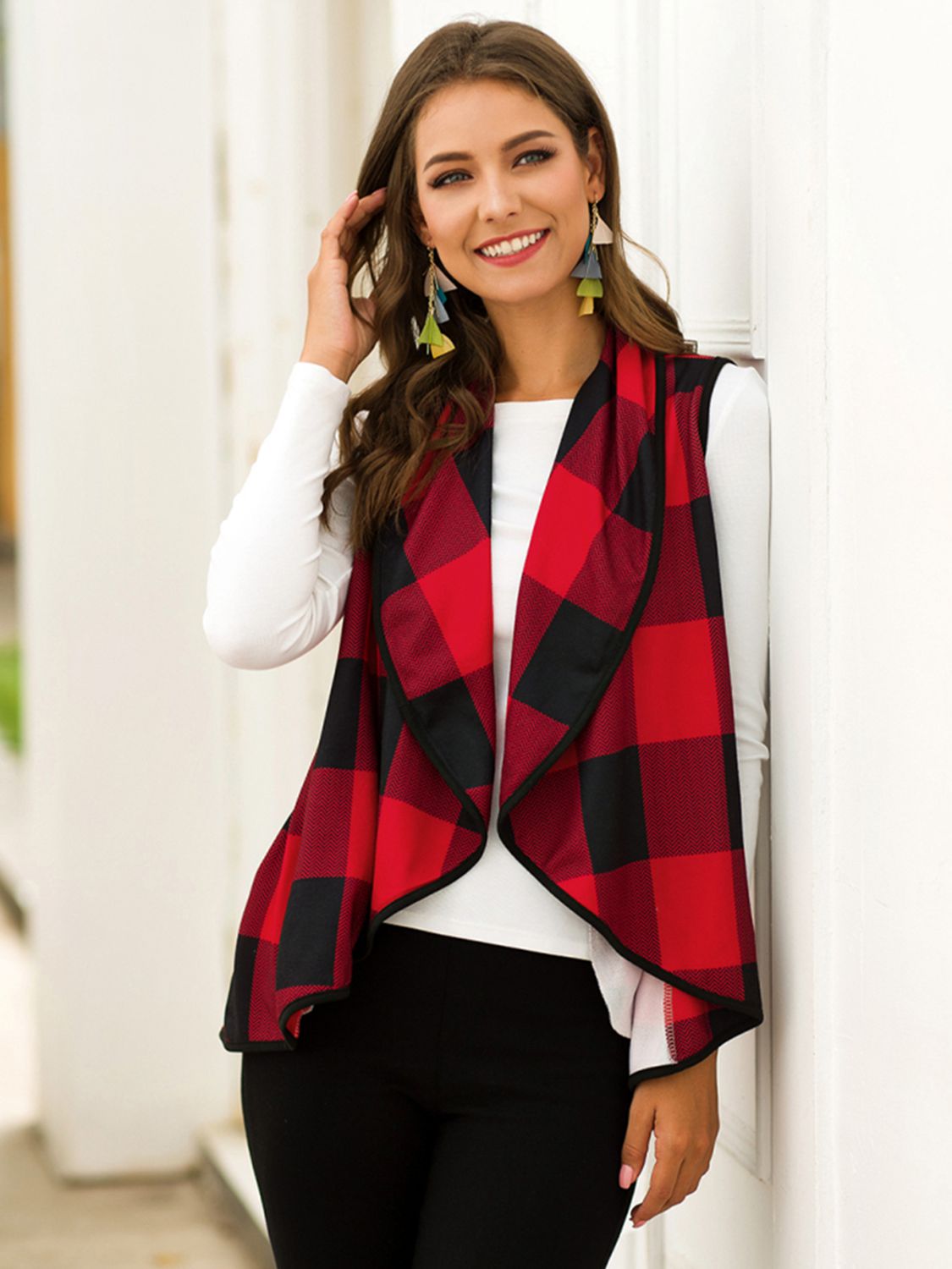 Buy deep-red Shiny Plaid Open Front Sleeveless Cardigan