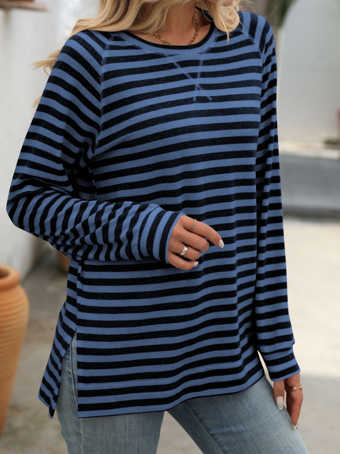 Buy dark-blue Mandy Striped Round Neck Long Sleeve T-Shirt