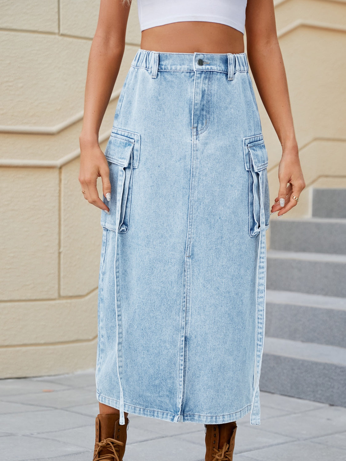 Buy light-blue Slit Pocketed High Waist Denim Skirt