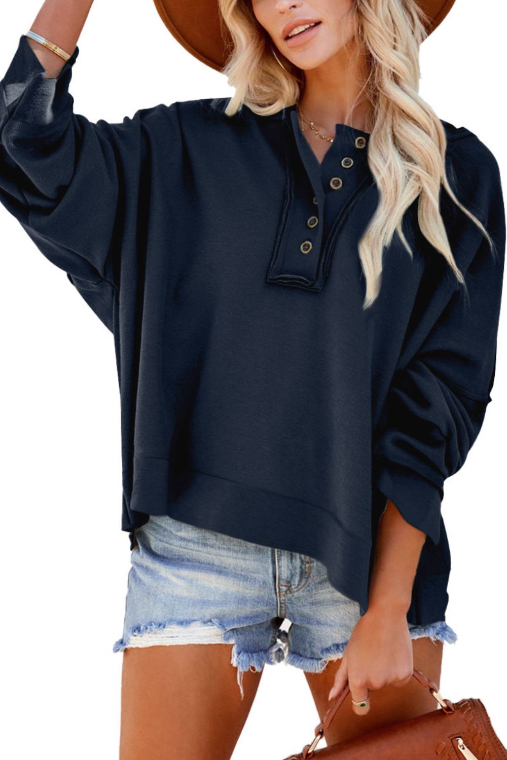 Buy navy Quarter-Button Exposed Seam Dropped Shoulder Hoodie