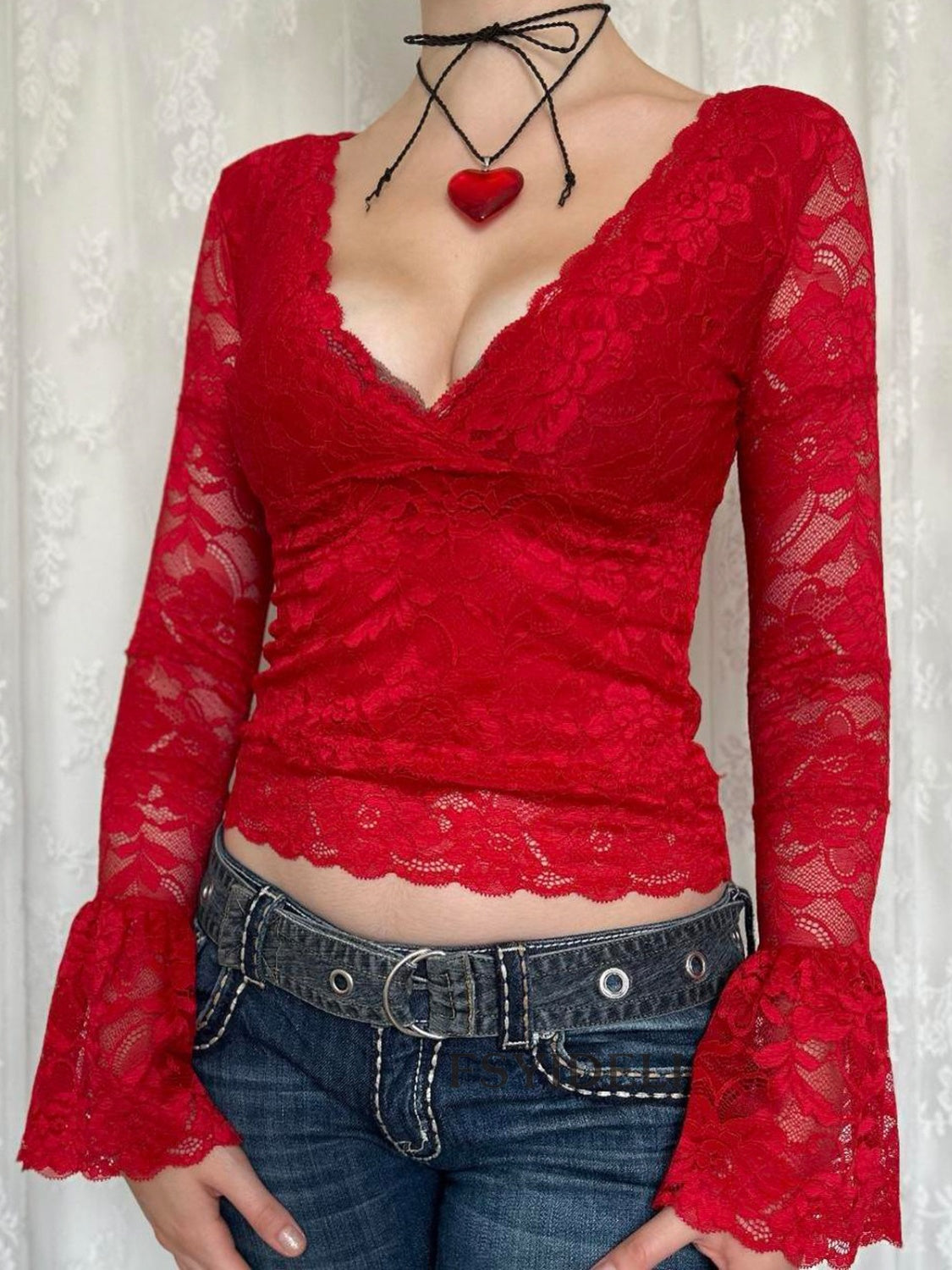 Buy deep-red Lace Surplice Long Sleeve Blouse