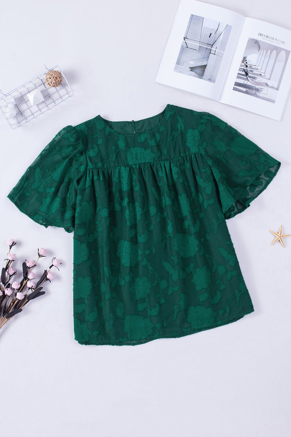 Buy green Round Neck Puff Sleeve Blouse