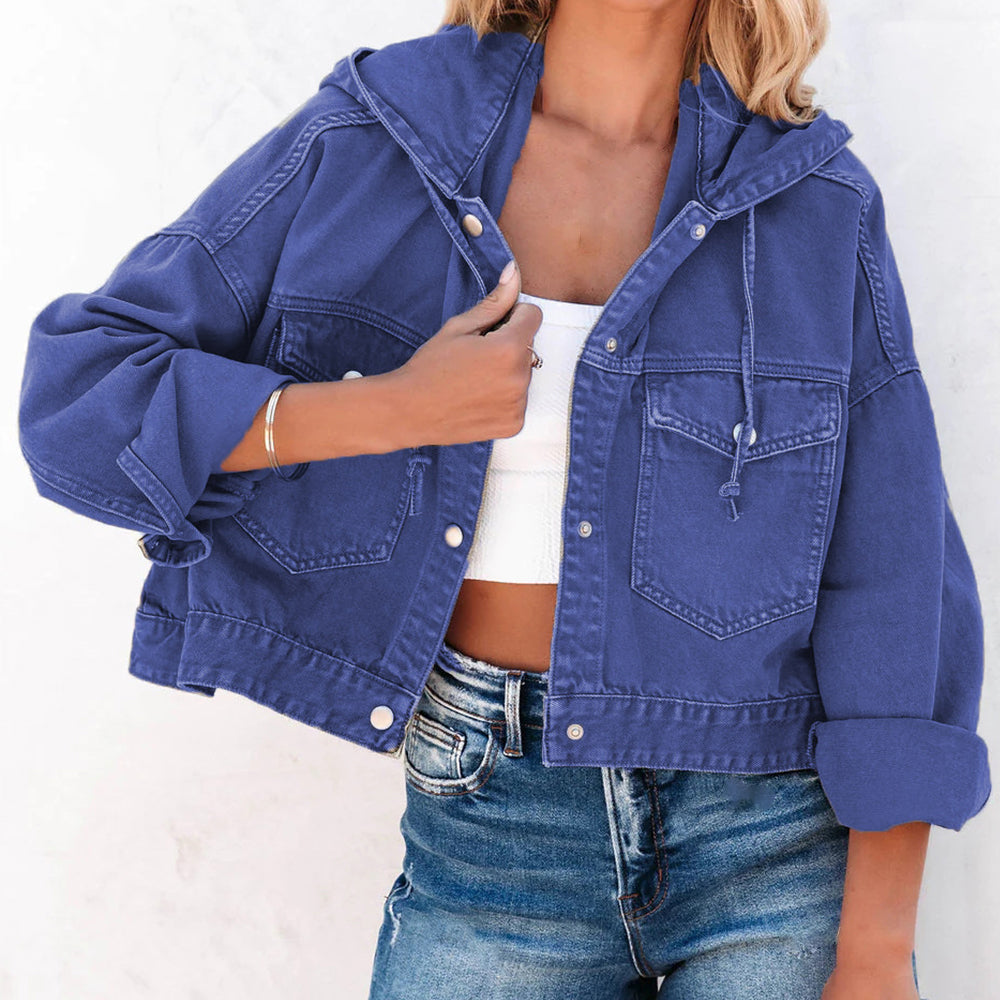 Buy royal-blue Hooded Dropped Shoulder Denim Jacket