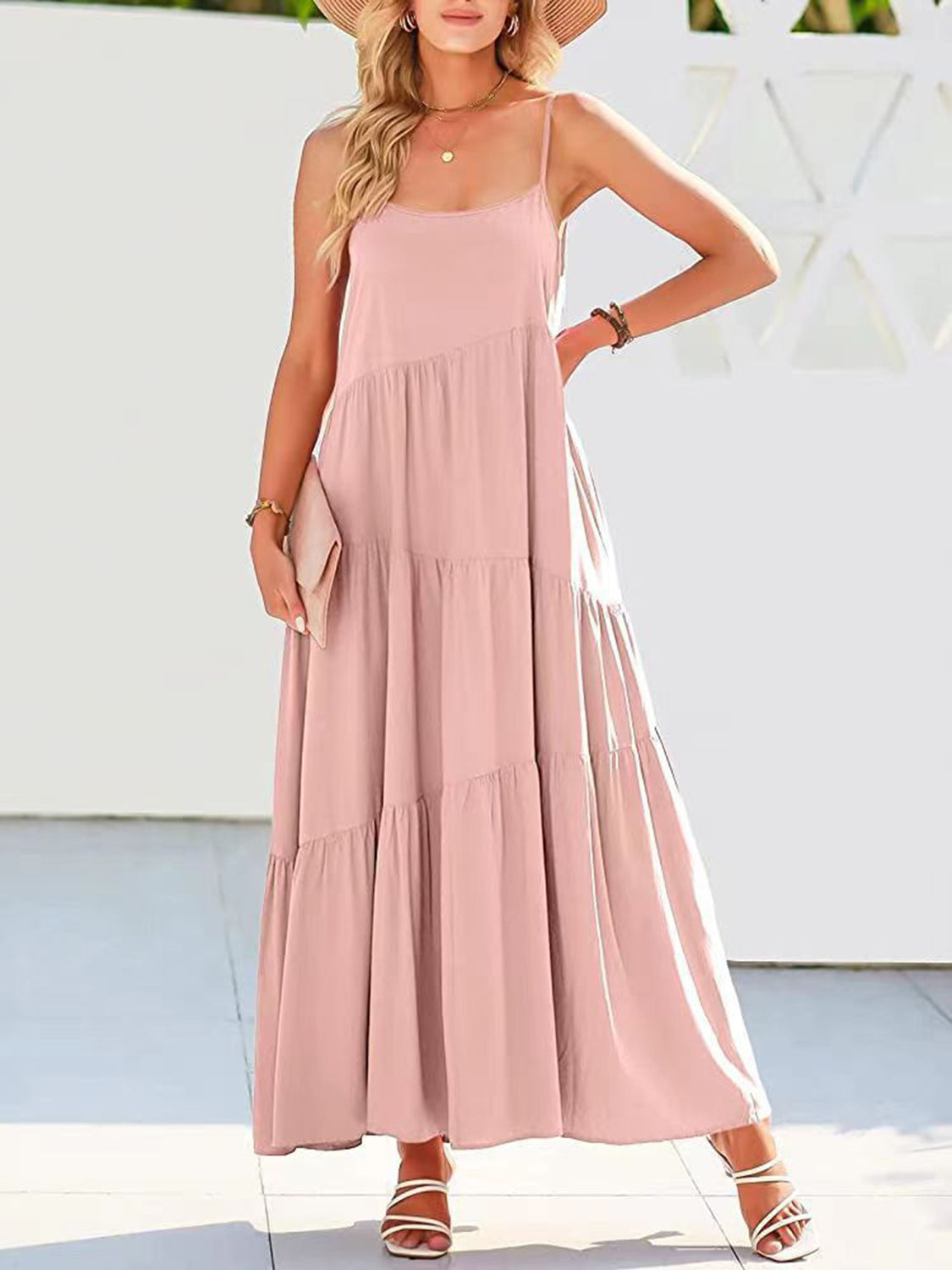 Buy blush-pink Full Size Ruched Tiered Spaghetti Strap Dress