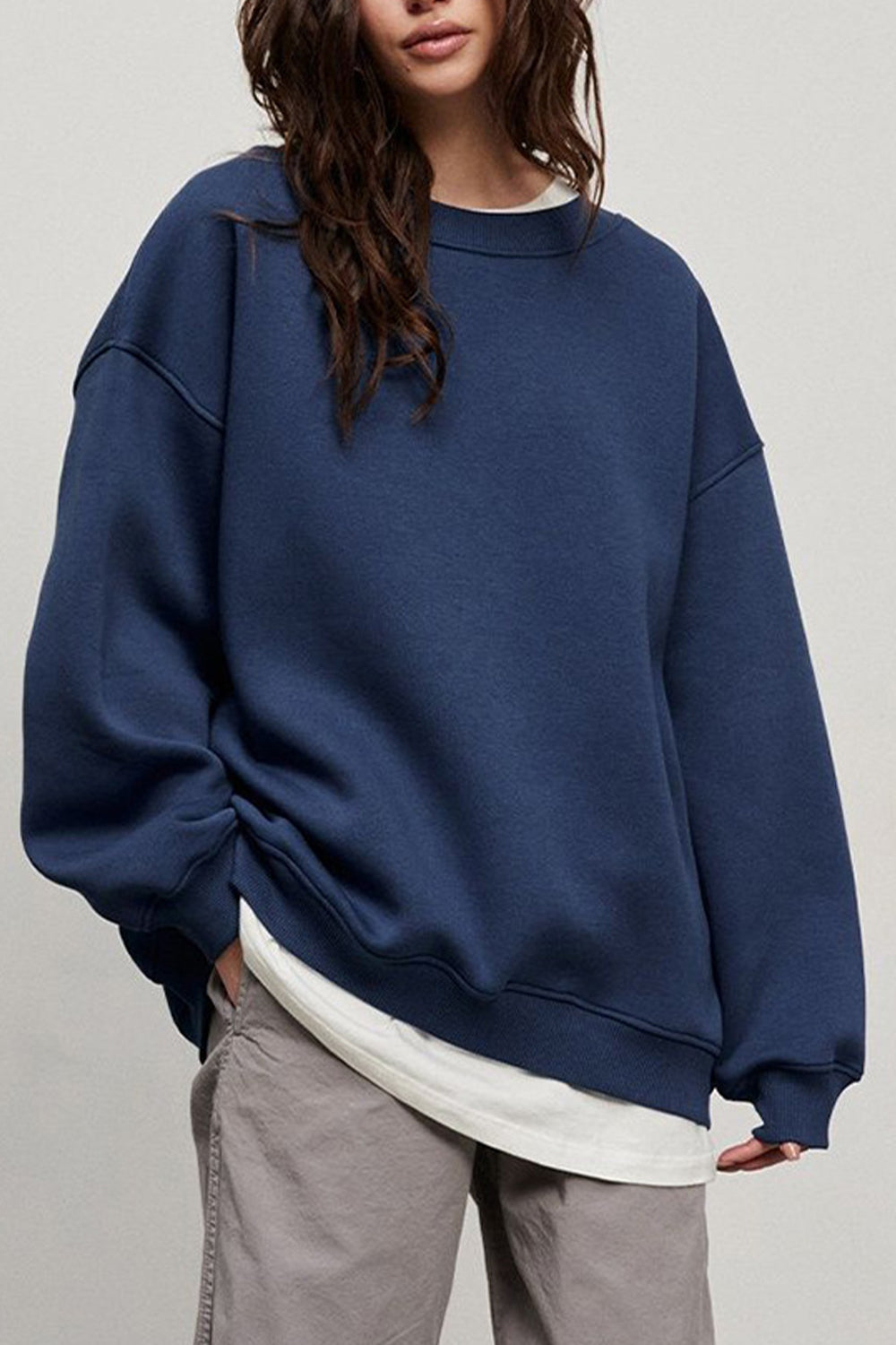 Buy french-blue Oversize Round Neck Dropped Shoulder Sweatshirt