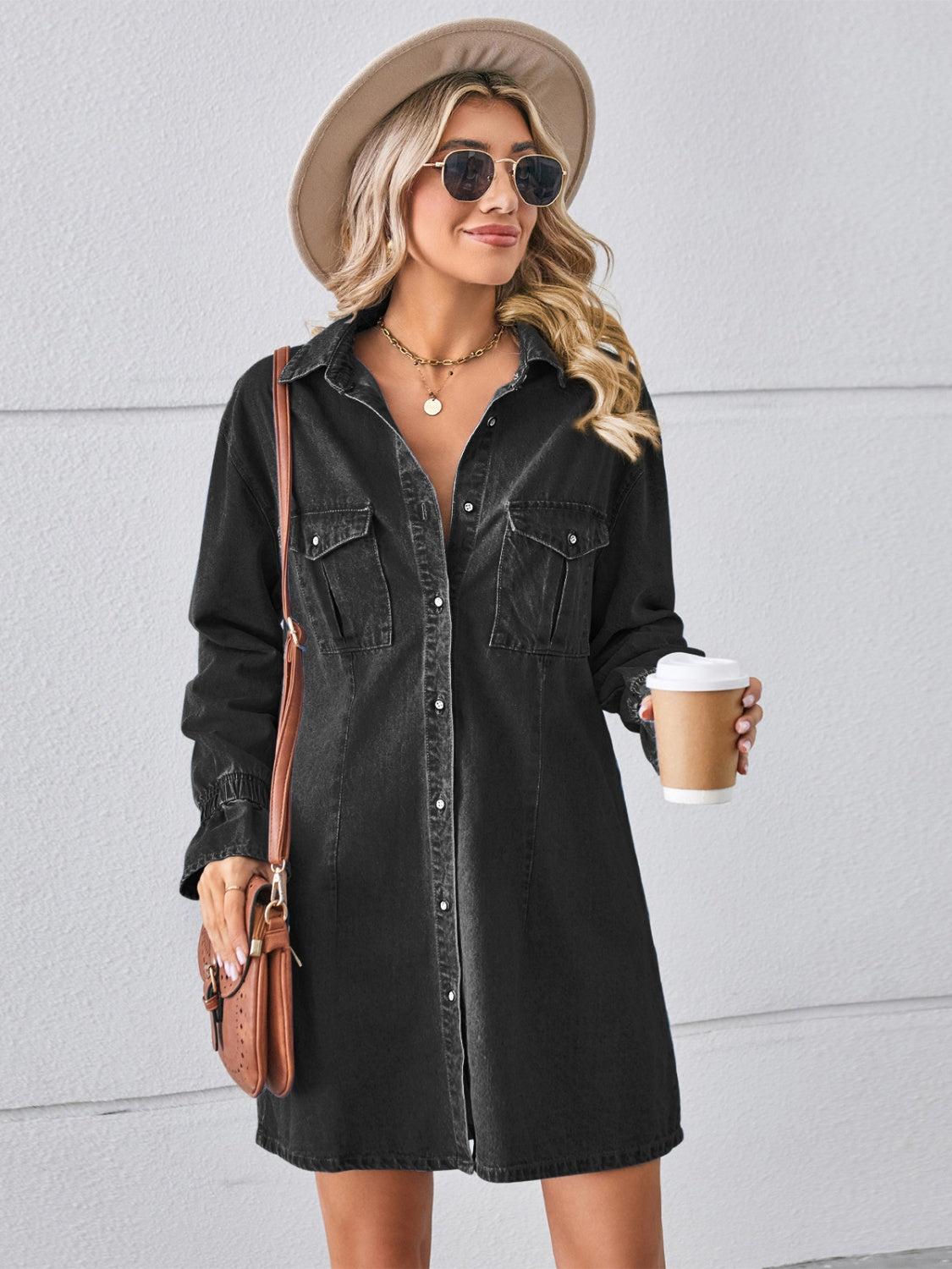 Buy black Pocketed Dropped Shoulder Mini Denim Dress