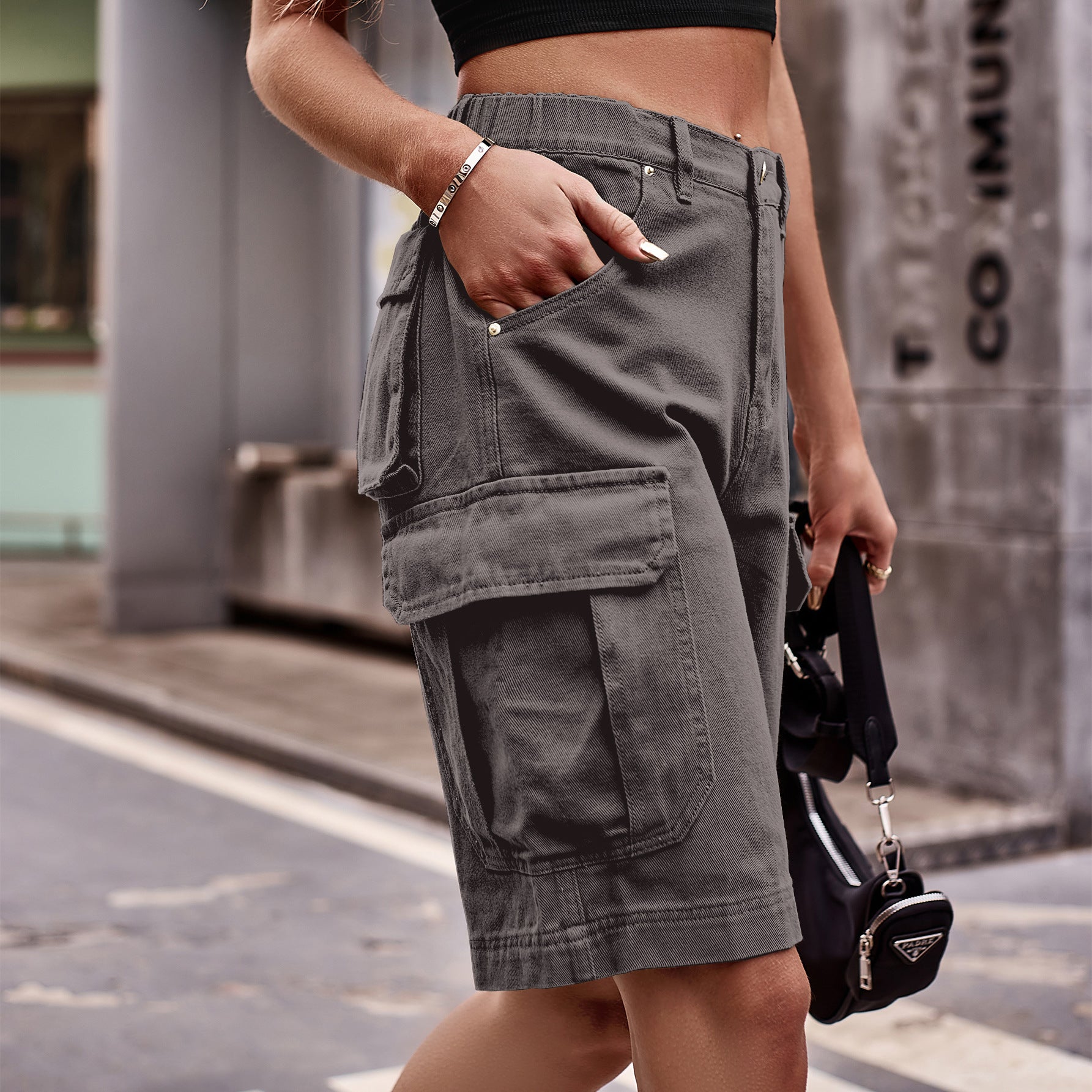 Buy dark-gray Denim Cargo Shorts with Pockets