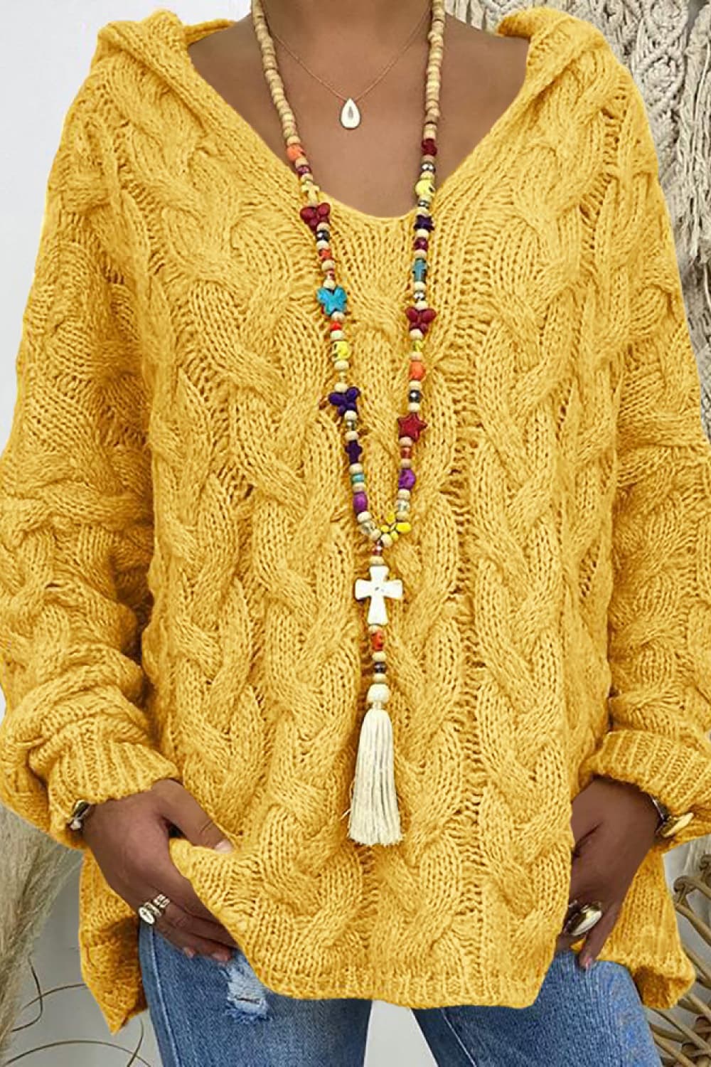 Buy yellow Cable-Knit Hooded Sweater