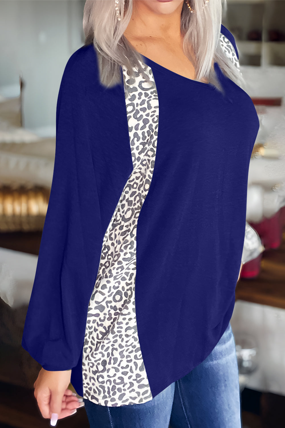 Buy navy Full Size Leopard V-Neck Long Sleeve T-Shirt