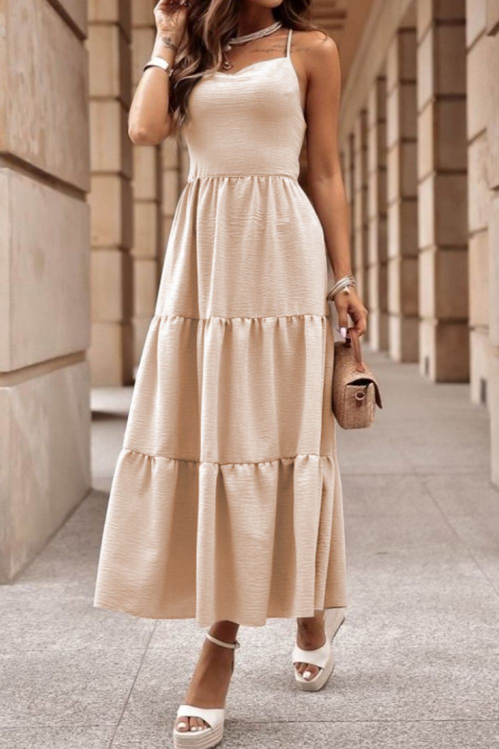 Buy tan Tiered Crisscross Spaghetti Strap Dress