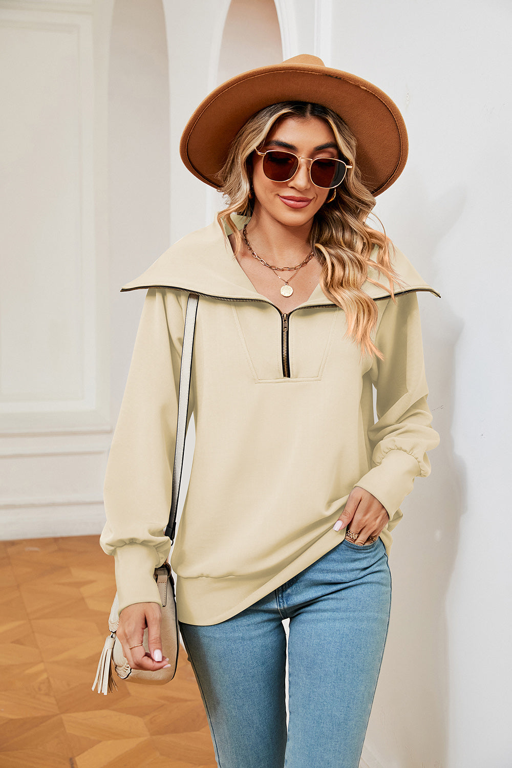 Buy cream Half-Zip Collared Sweatshirt