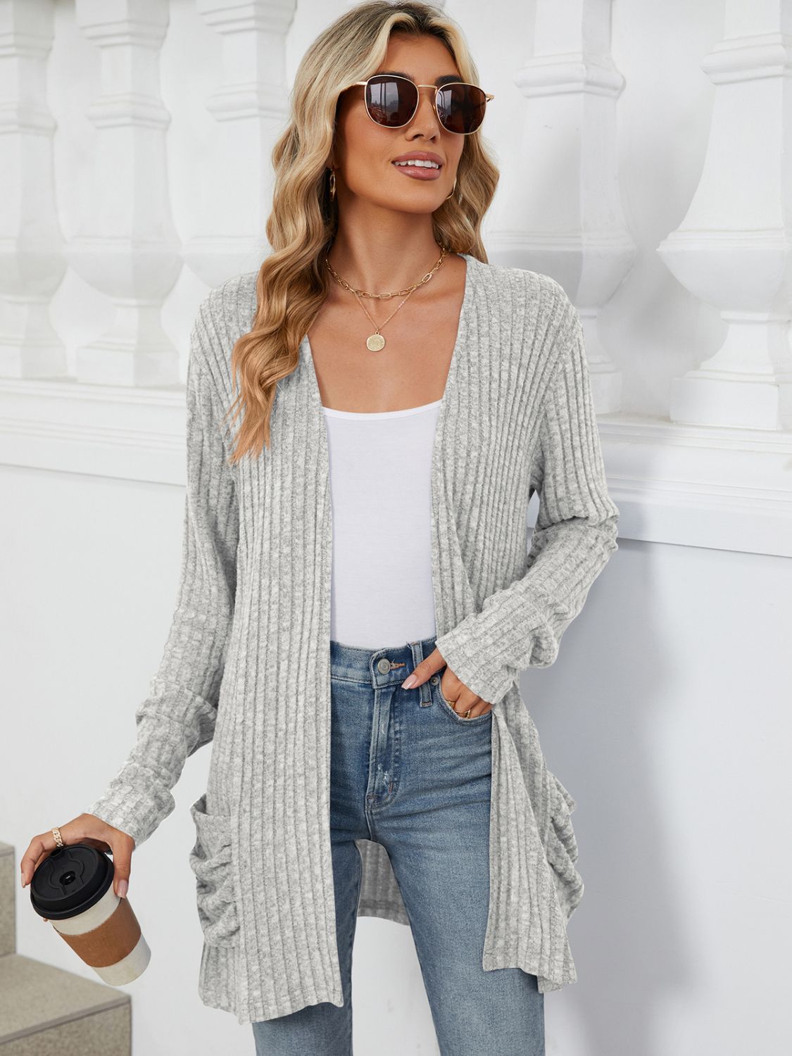 Buy light-gray Pocketed Open Front Long Sleeve Cardigan