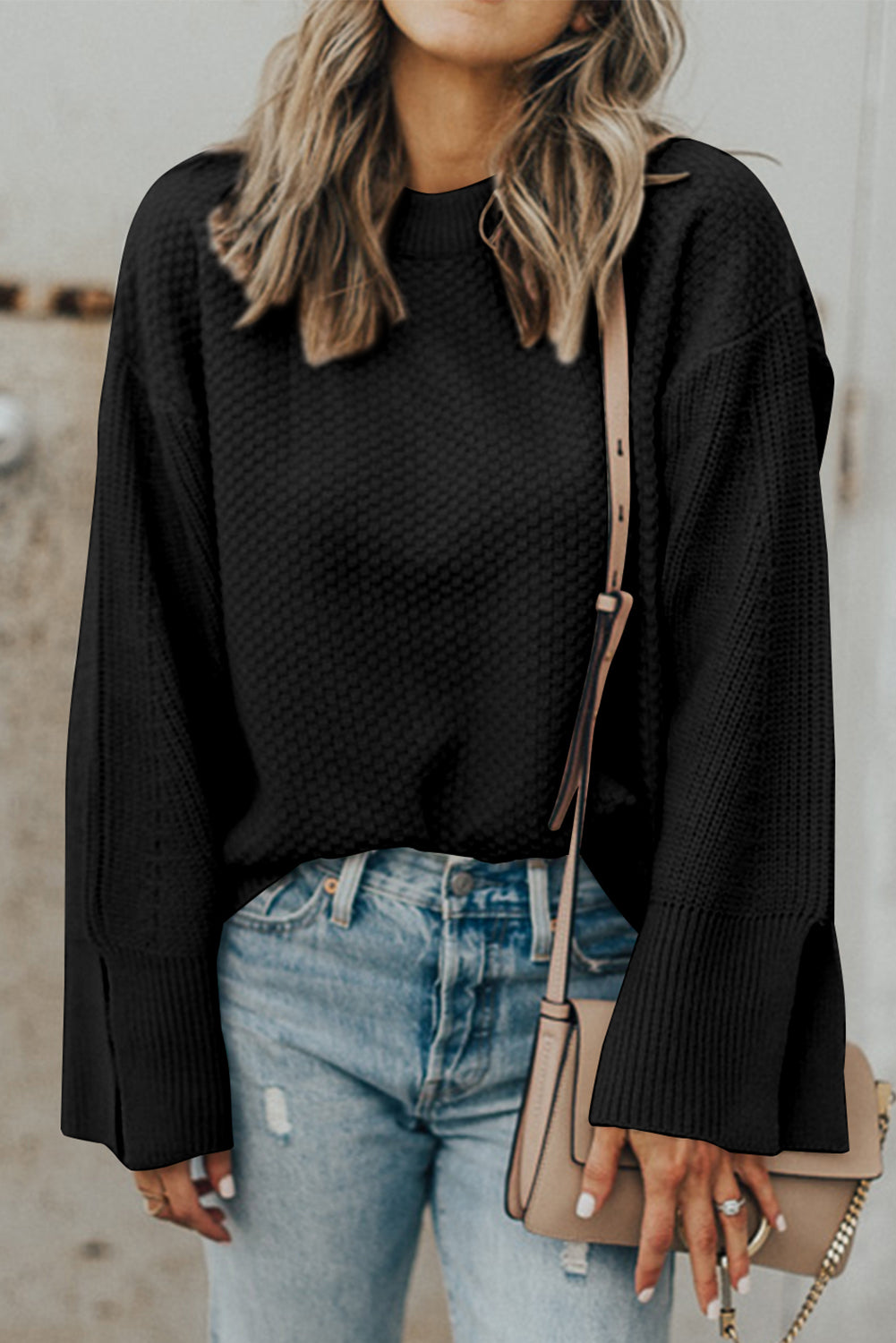 Buy black Textured Round Neck Long Sleeve Sweater