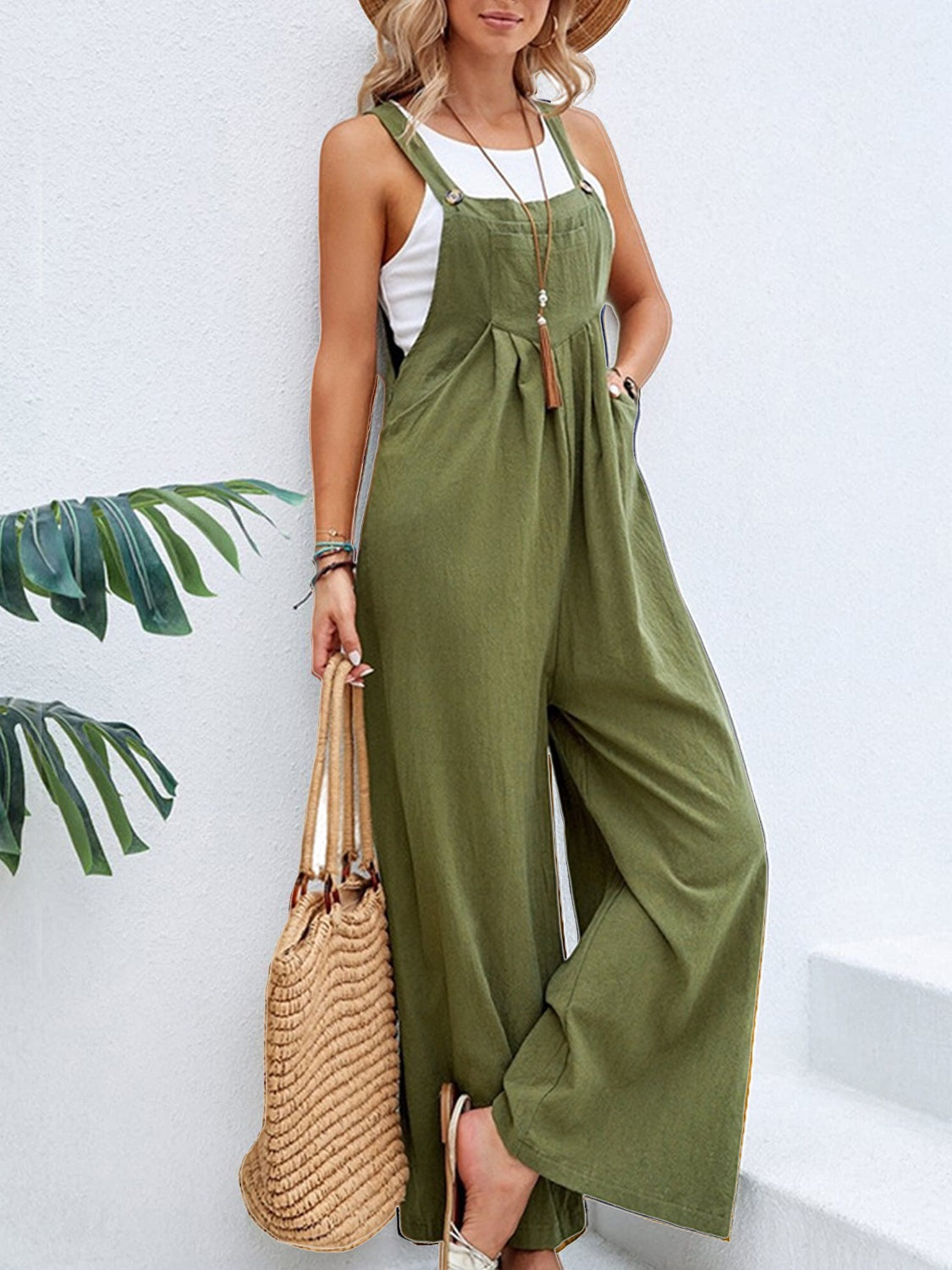 Buy moss Full Size Square Neck Wide Strap Overalls