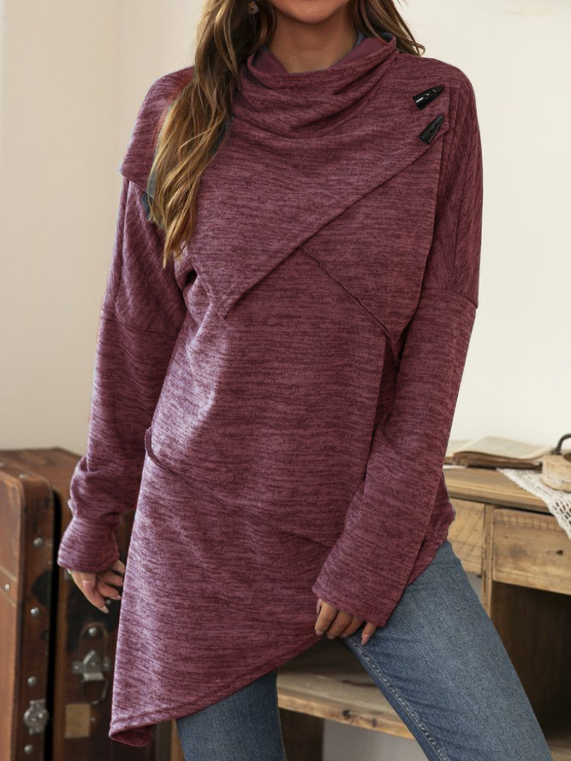 Buy deep-purple Asymmetrical Hem Cowl Neck Long Sleeve T-Shirt