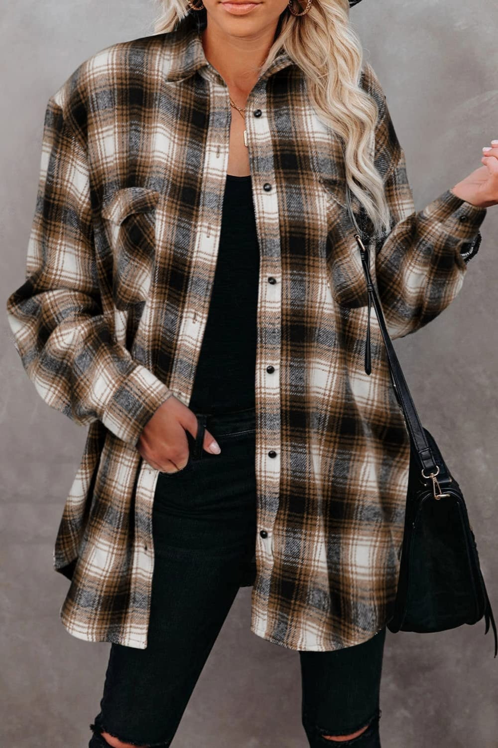 Buy coffee-brown Full Size Plaid Collared Neck Long Sleeve Shirt