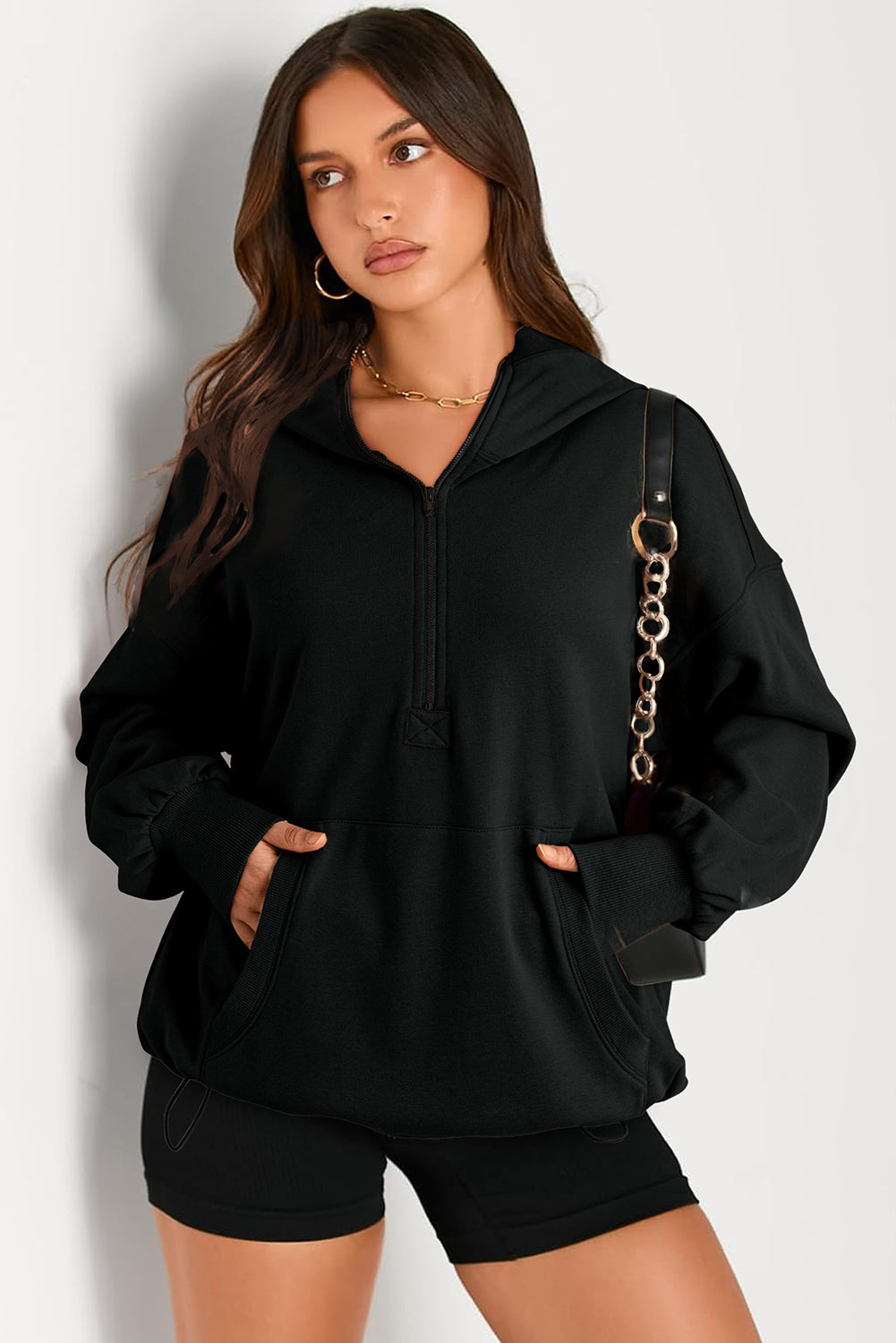 Buy black Pocketed Half Zip Long Sleeve Hoodie