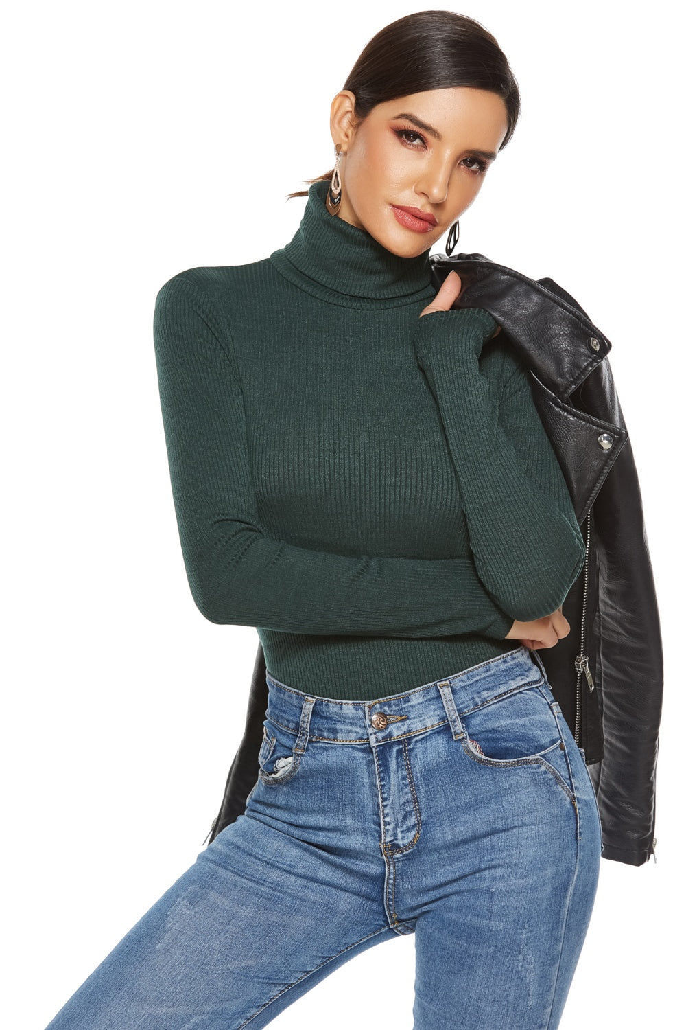 Buy dark-green Ribbed Turtleneck Long Sleeve Bodysuit