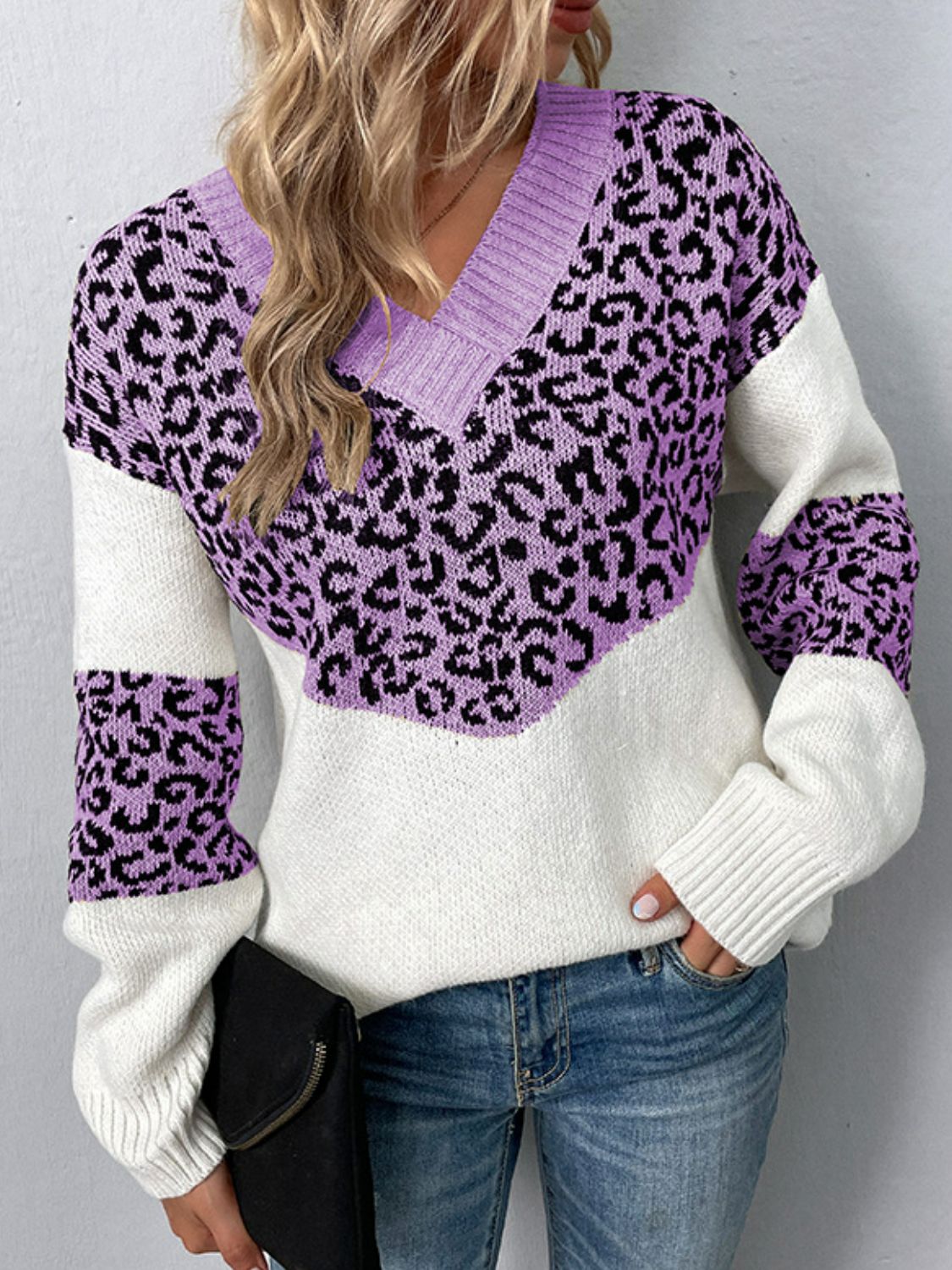 Buy lilac Leopard V-Neck Dropped Shoulder Sweater