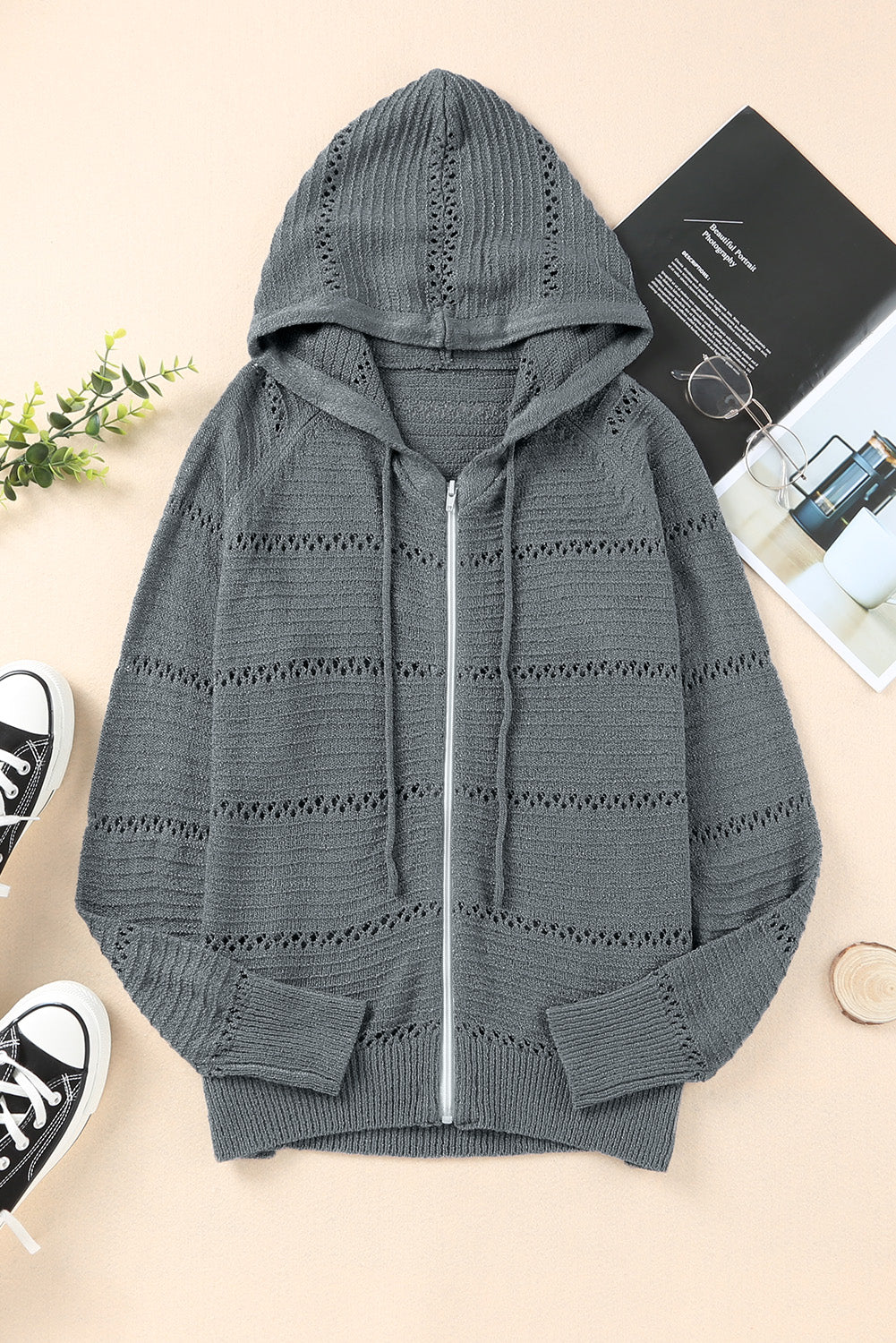 Buy mid-gray Zip-Up Raglan Sleeve Openwork Hooded Cardigan