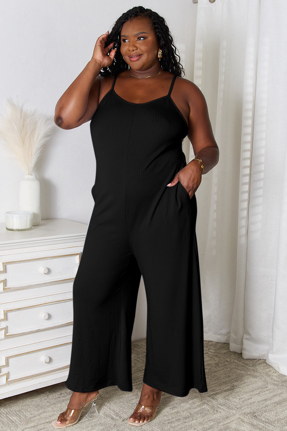 Buy black Basic Bae Full Size Spaghetti Strap V-Neck Jumpsuit