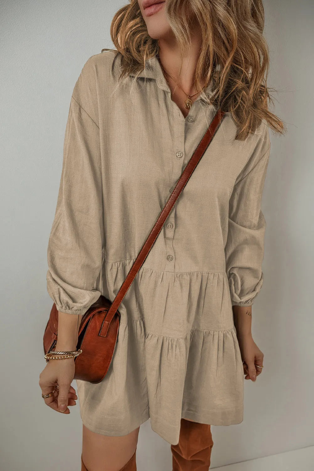 Buy khaki Tiered Half Button Balloon Sleeve Dress