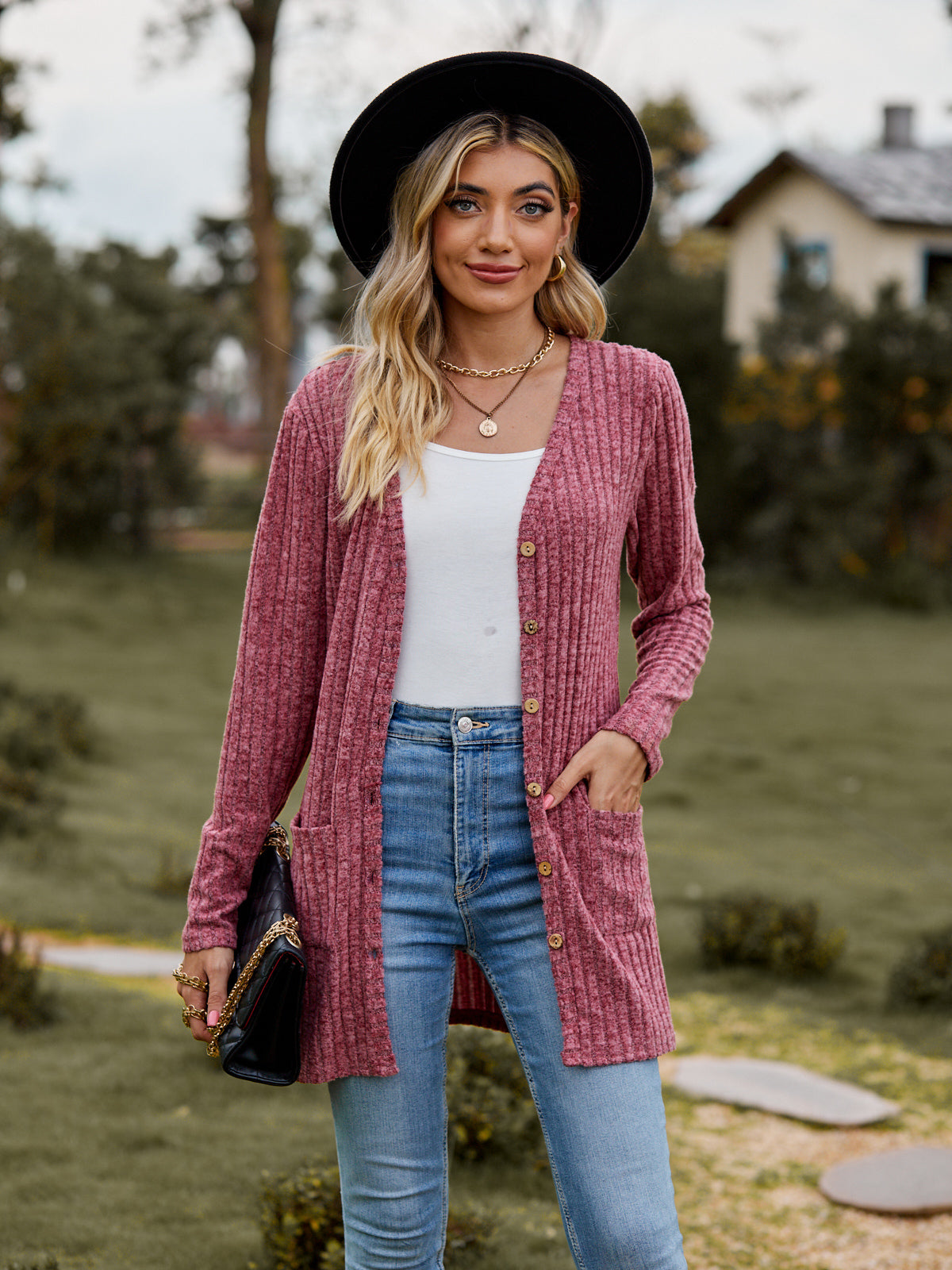 Buy hot-pink Ribbed Button-Up Cardigan with Pockets