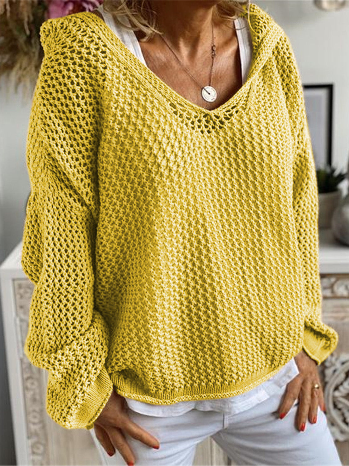 Buy yellow Openwork Hooded Long Sleeve Sweater