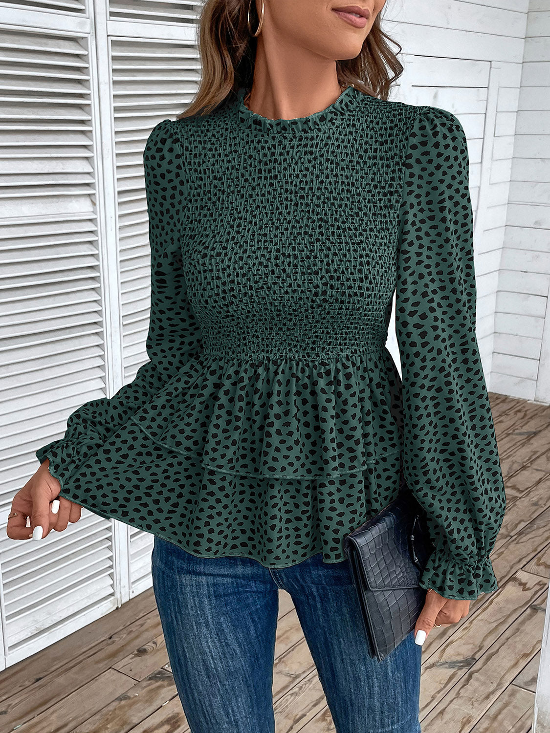 Buy green Perfee Printed Round Neck Smocked Flounce Sleeve T-Shirt