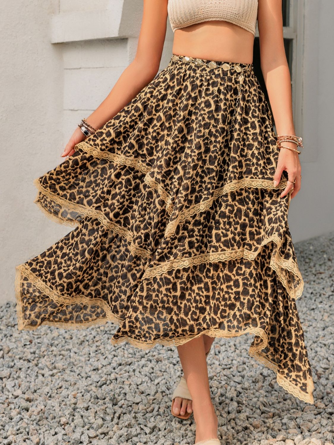 Buy leopard Lace Detail Layered Printed Skirt