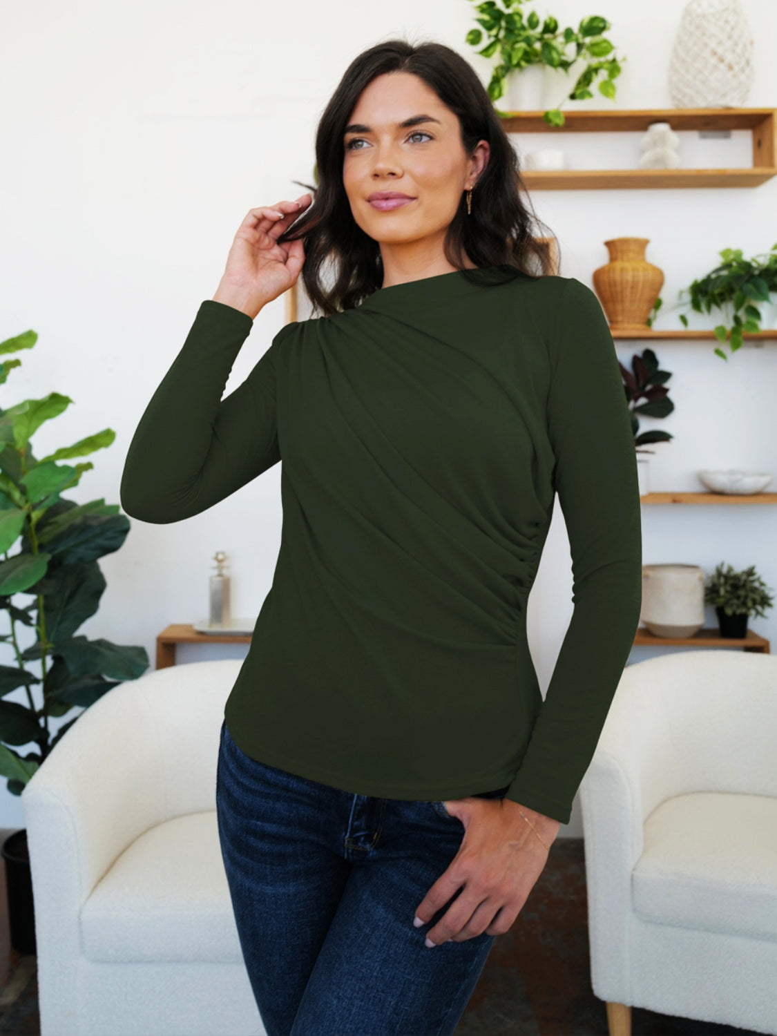 Buy army-green FAM-FAM Ruched Mock Neck Long Sleeve T-Shirt