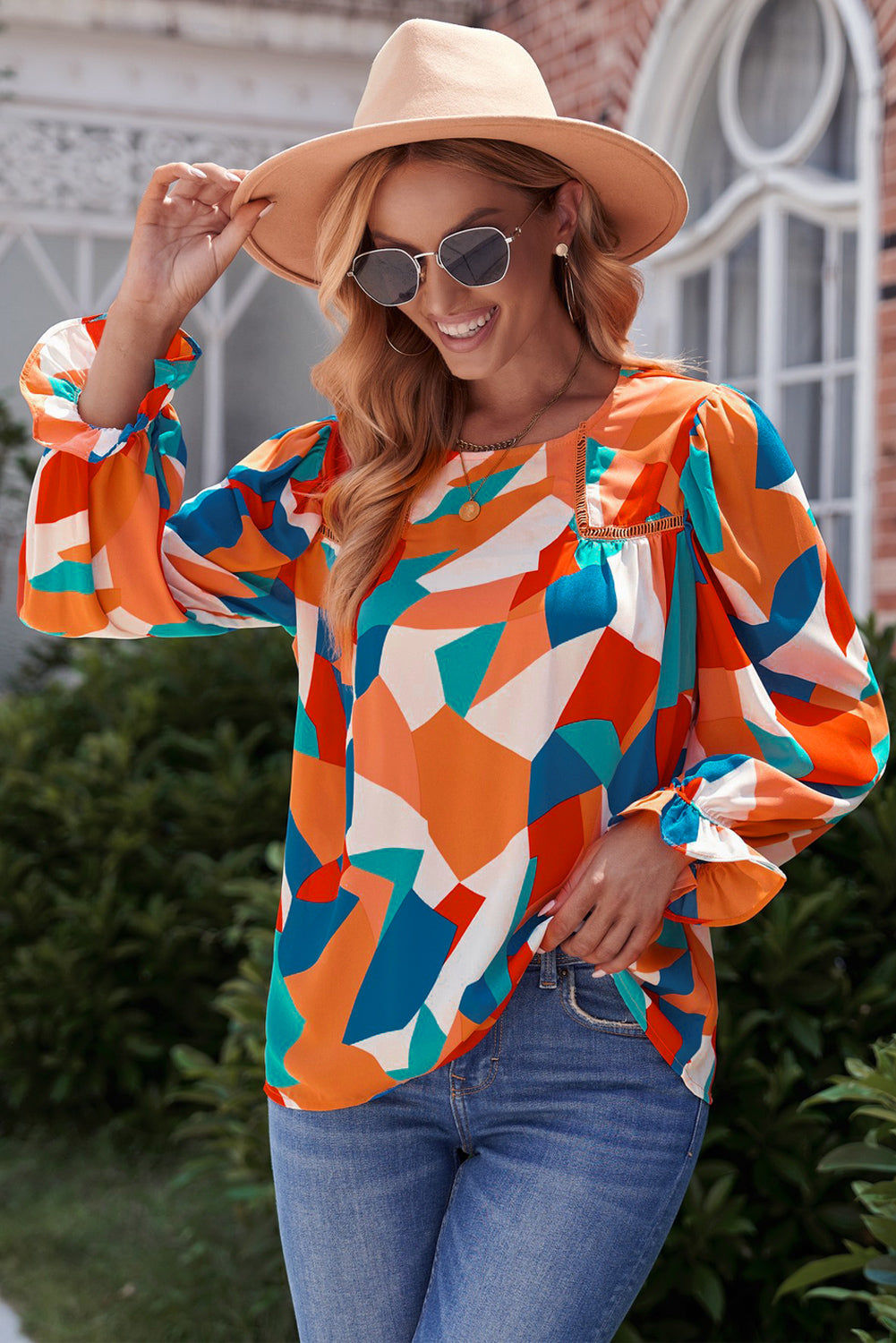 Buy orange Abstract Pattern Crewneck Ruffled Puff Sleeve Blouse