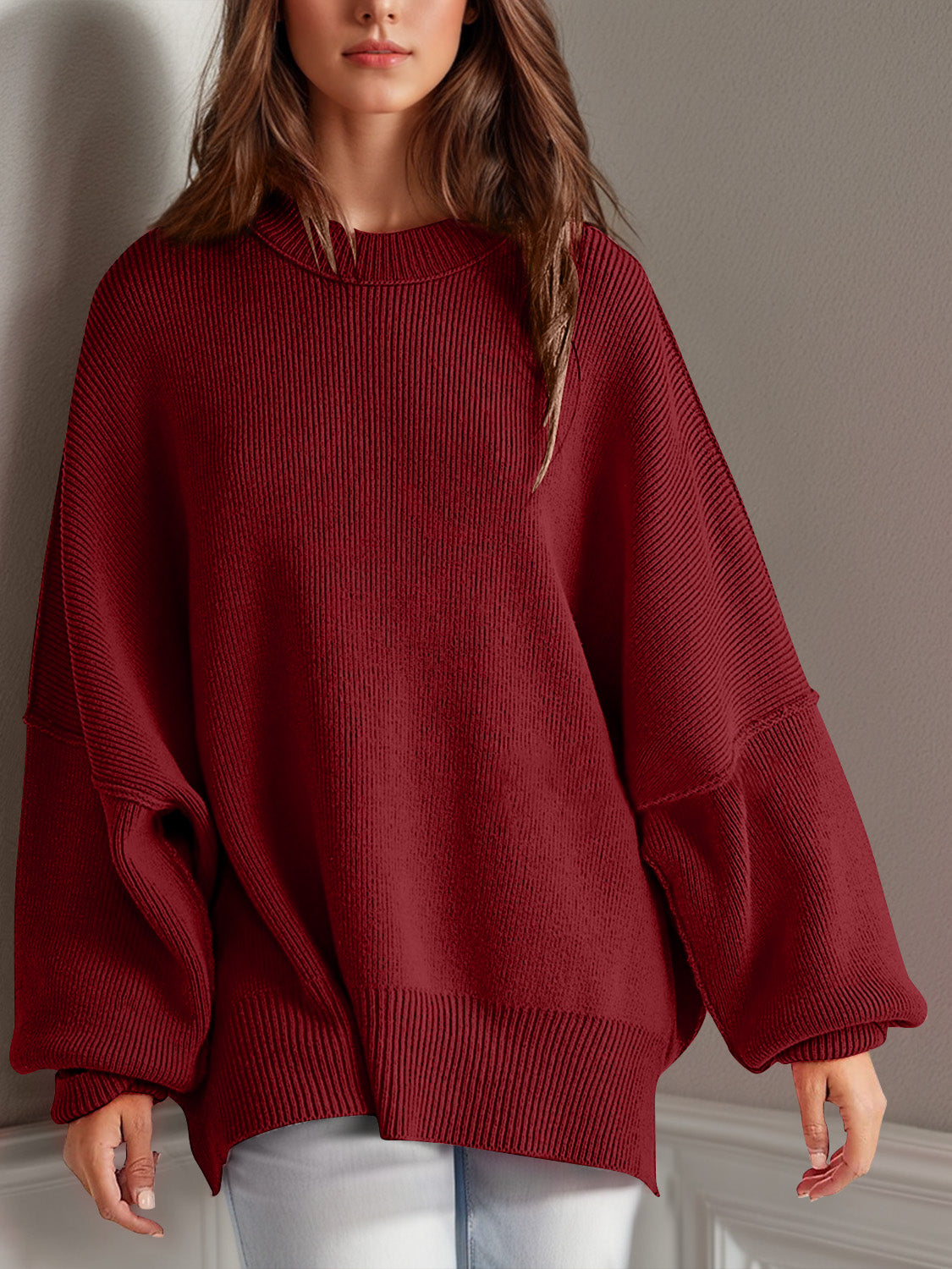 Buy burgundy Double Take Side Slit Round Neck Long Sleeve Sweater