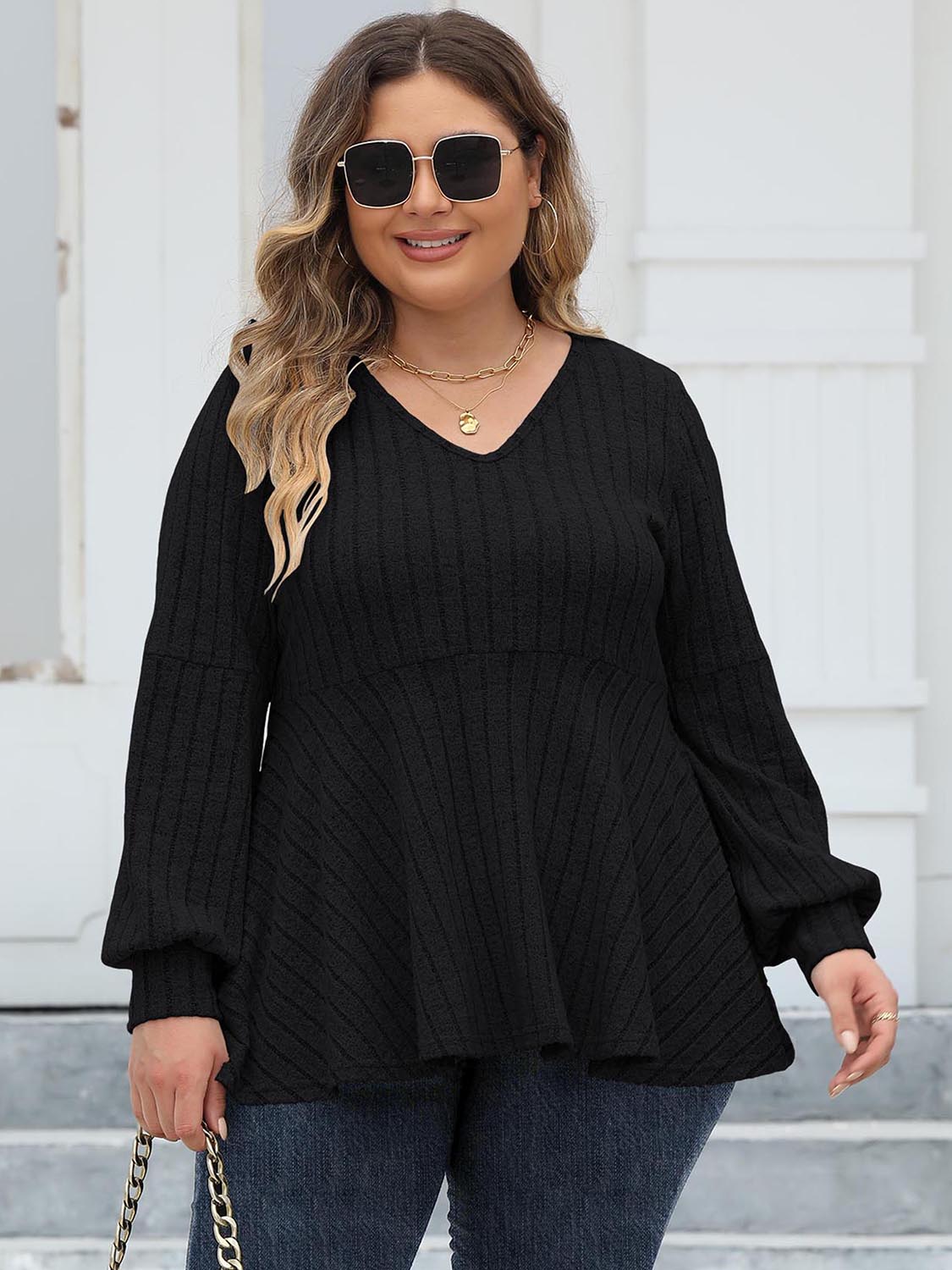 Buy black Plus Size Ribbed V-Neck Long Sleeve Blouse