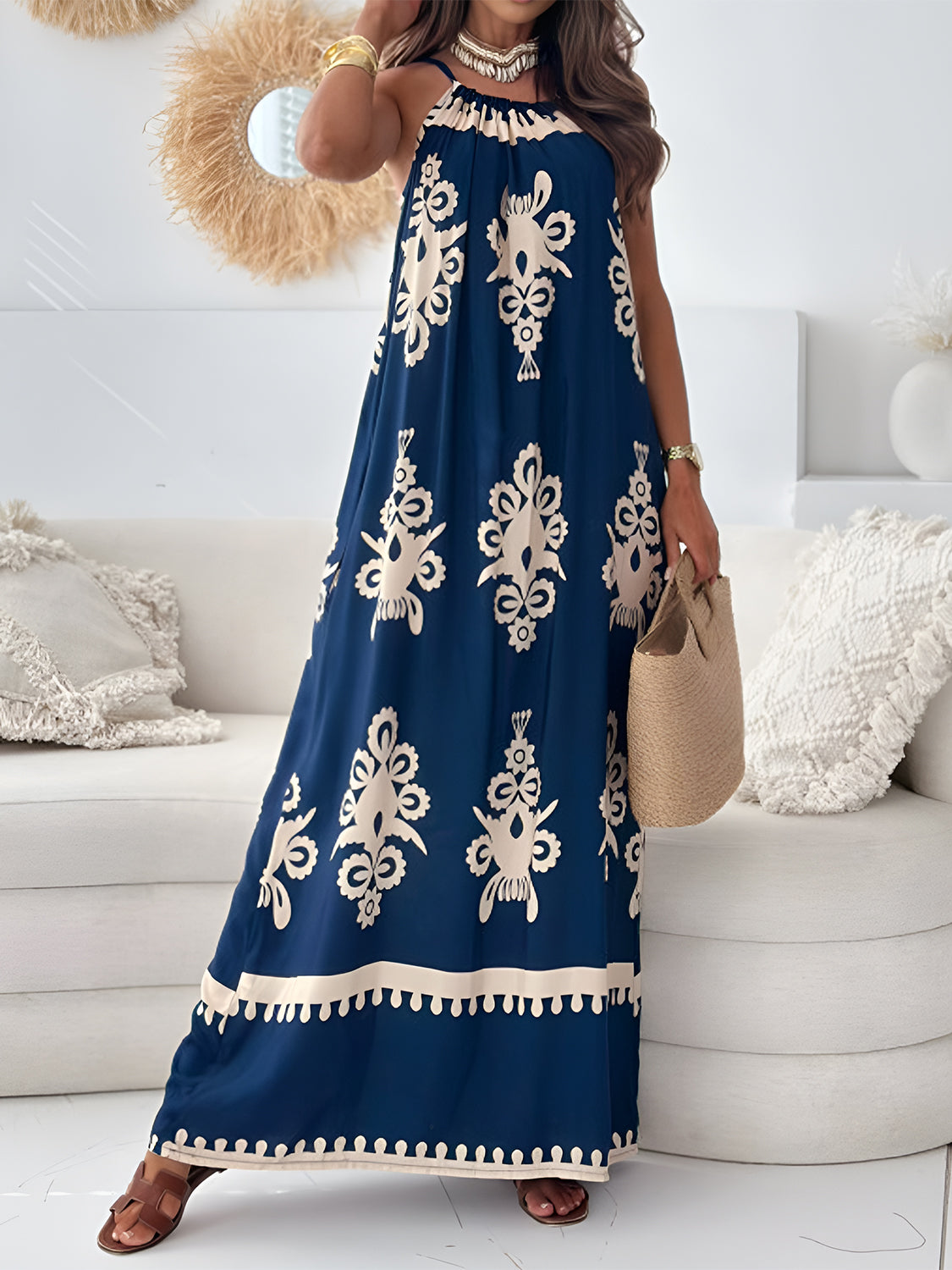 Buy navy Printed Spaghetti Strap Sleeveless Maxi Dress