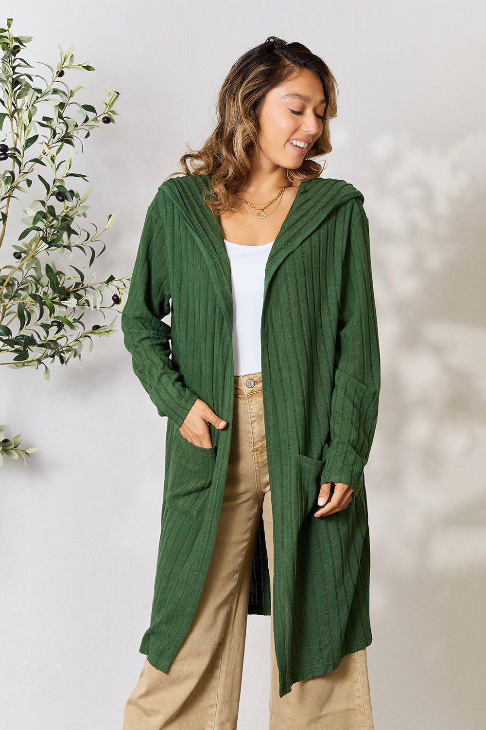 Buy dark-green Basic Bae Full Size Hooded Sweater Cardigan