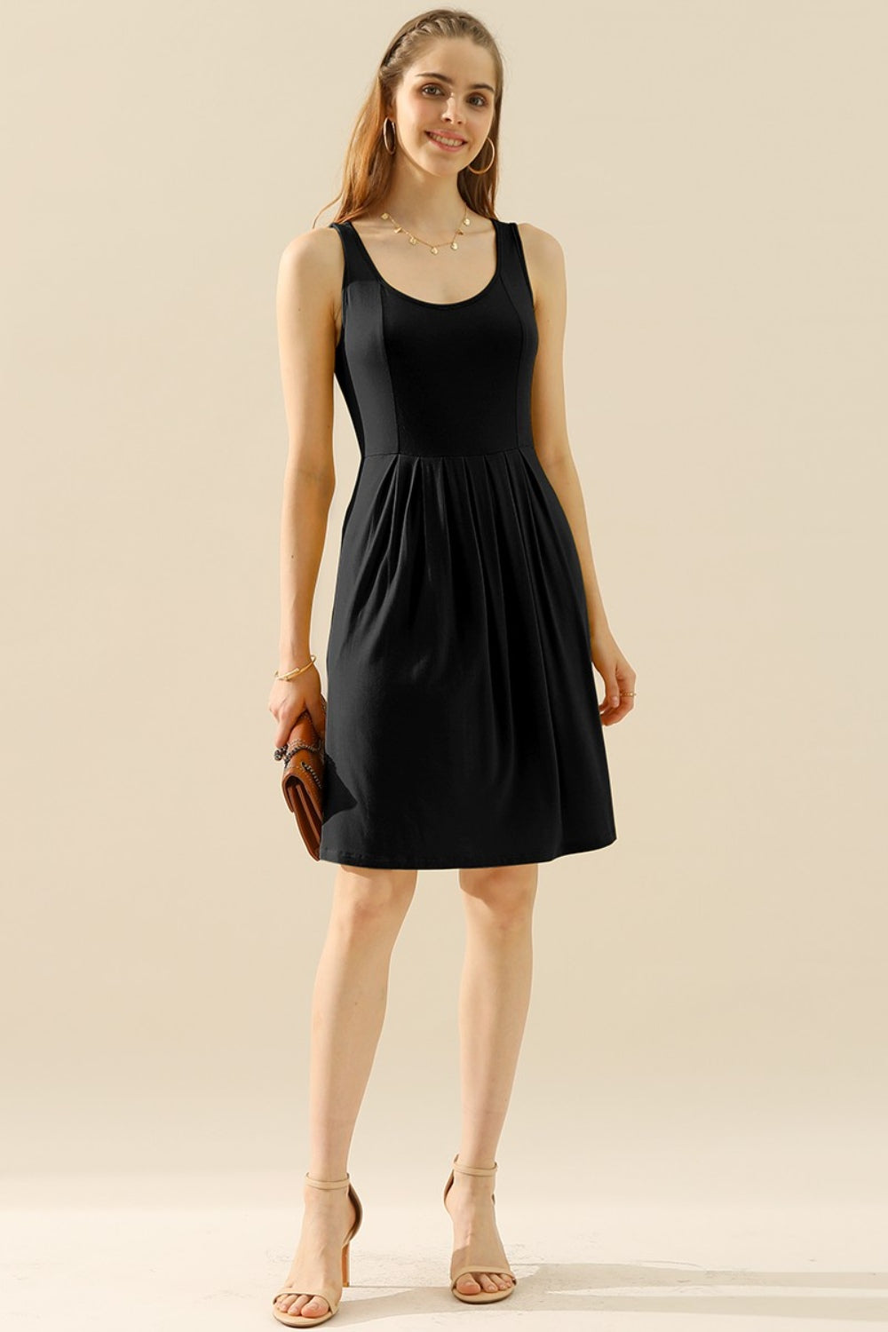 Buy black Doublju Full Size Round Neck Ruched Sleeveless Dress with Pockets