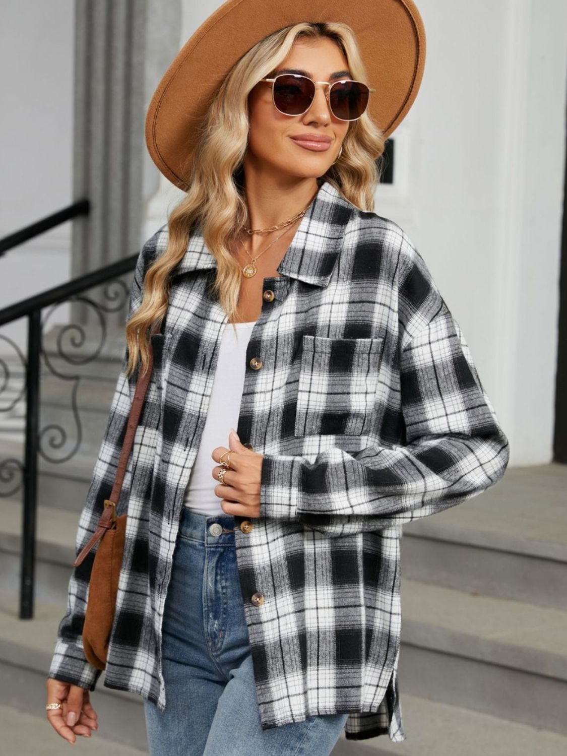 Buy black Plaid Collared Neck Long Sleeve Shirt