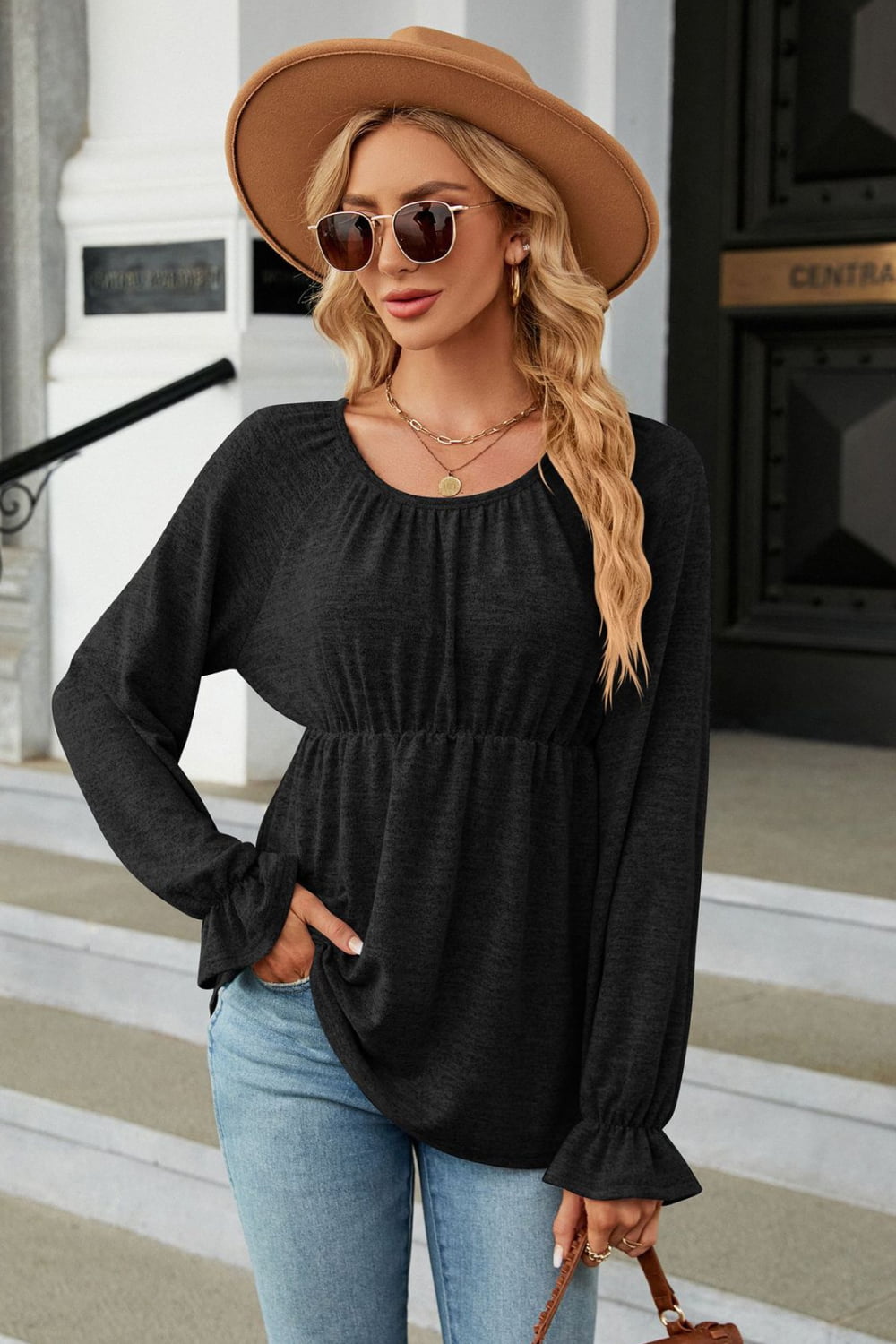 Buy black Round Neck Flounce Sleeve Blouse