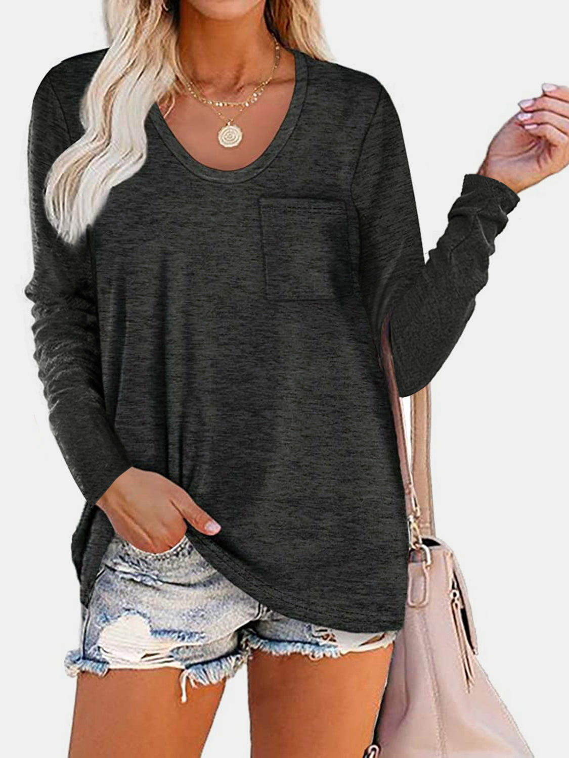 Buy dark-gray Round Neck Long Sleeve T-Shirt