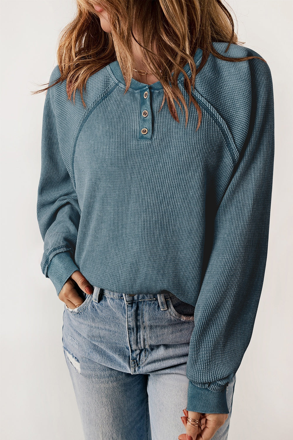 Buy french-blue Waffle Knit Raglan Sleeve Henley Sweatshirt