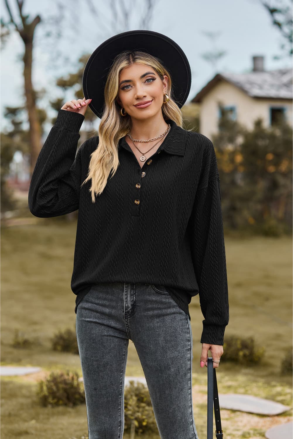 Buy black Collared Neck Long Sleeve Blouse