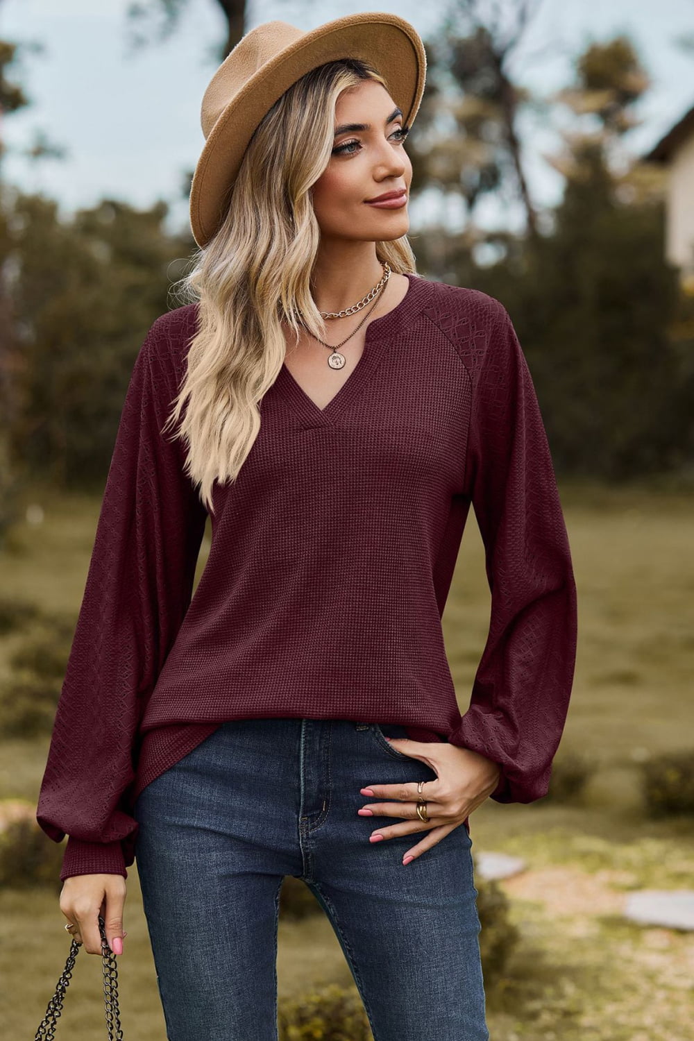 Buy burgundy Notched Neck Raglan Sleeve Blouse