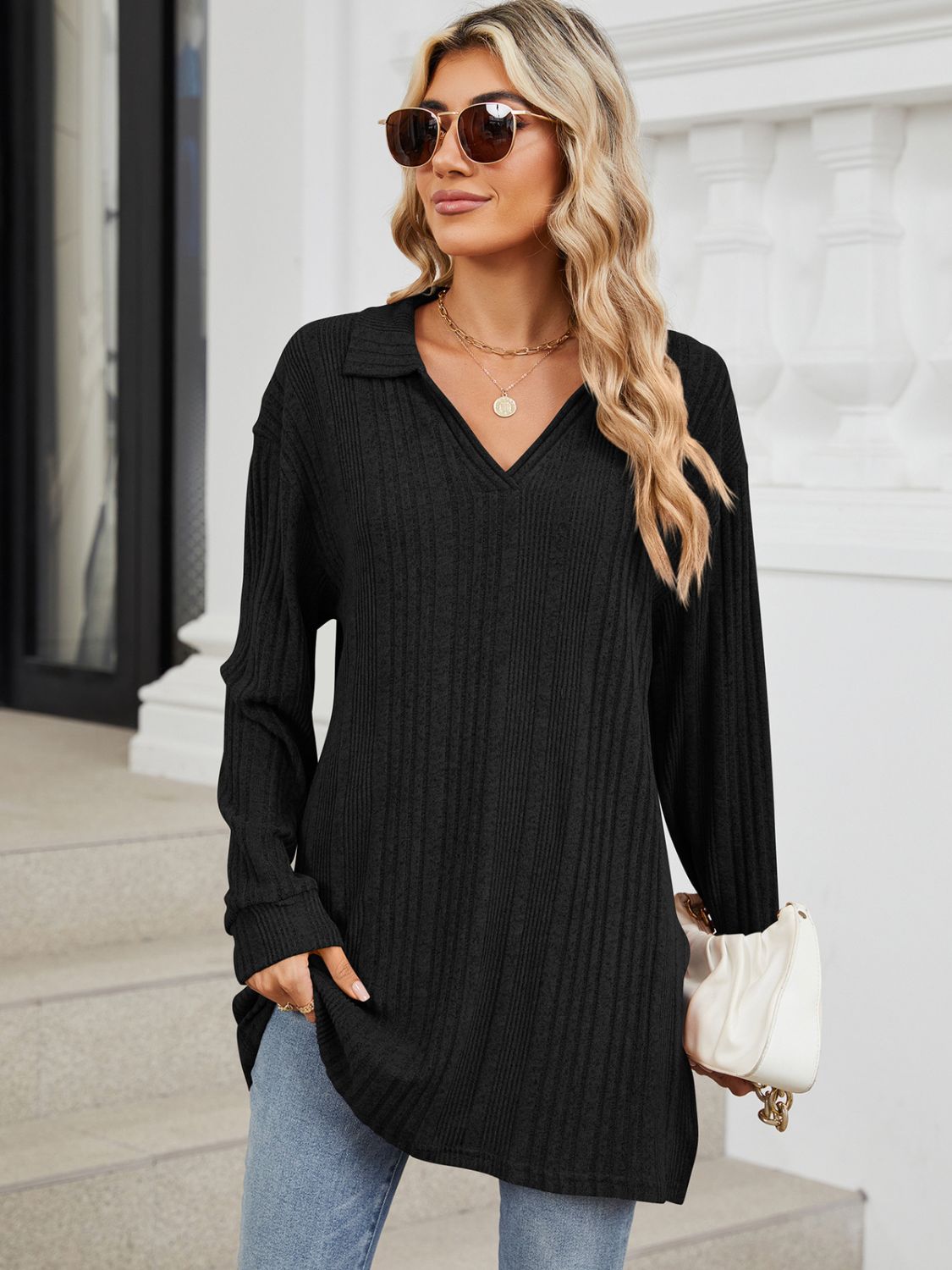 Buy black Slit Johnny Collar Long Sleeve T-Shirt