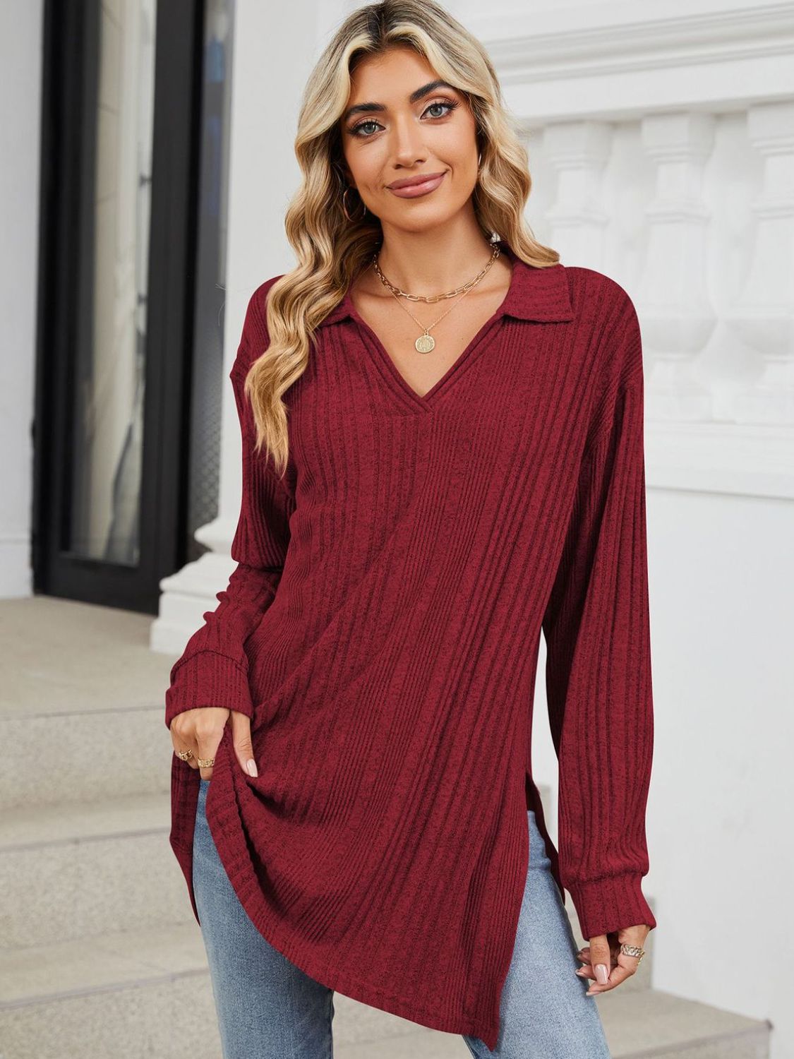 Buy burgundy Slit Johnny Collar Long Sleeve T-Shirt