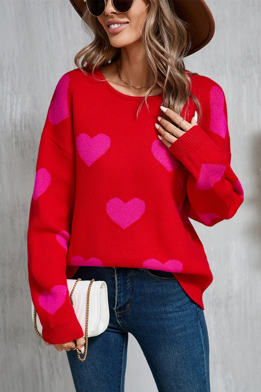 Buy red Angel Wings Heart Round Neck Dropped Shoulder Sweater