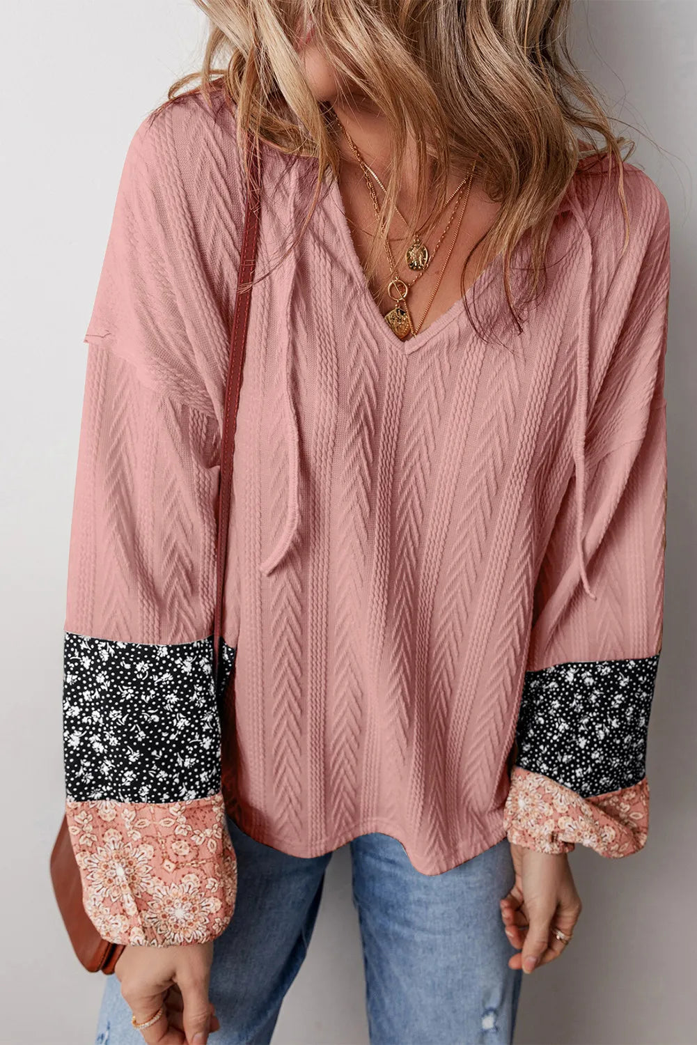 Buy dusty-pink Color Block Tie Neck Long Sleeve Top