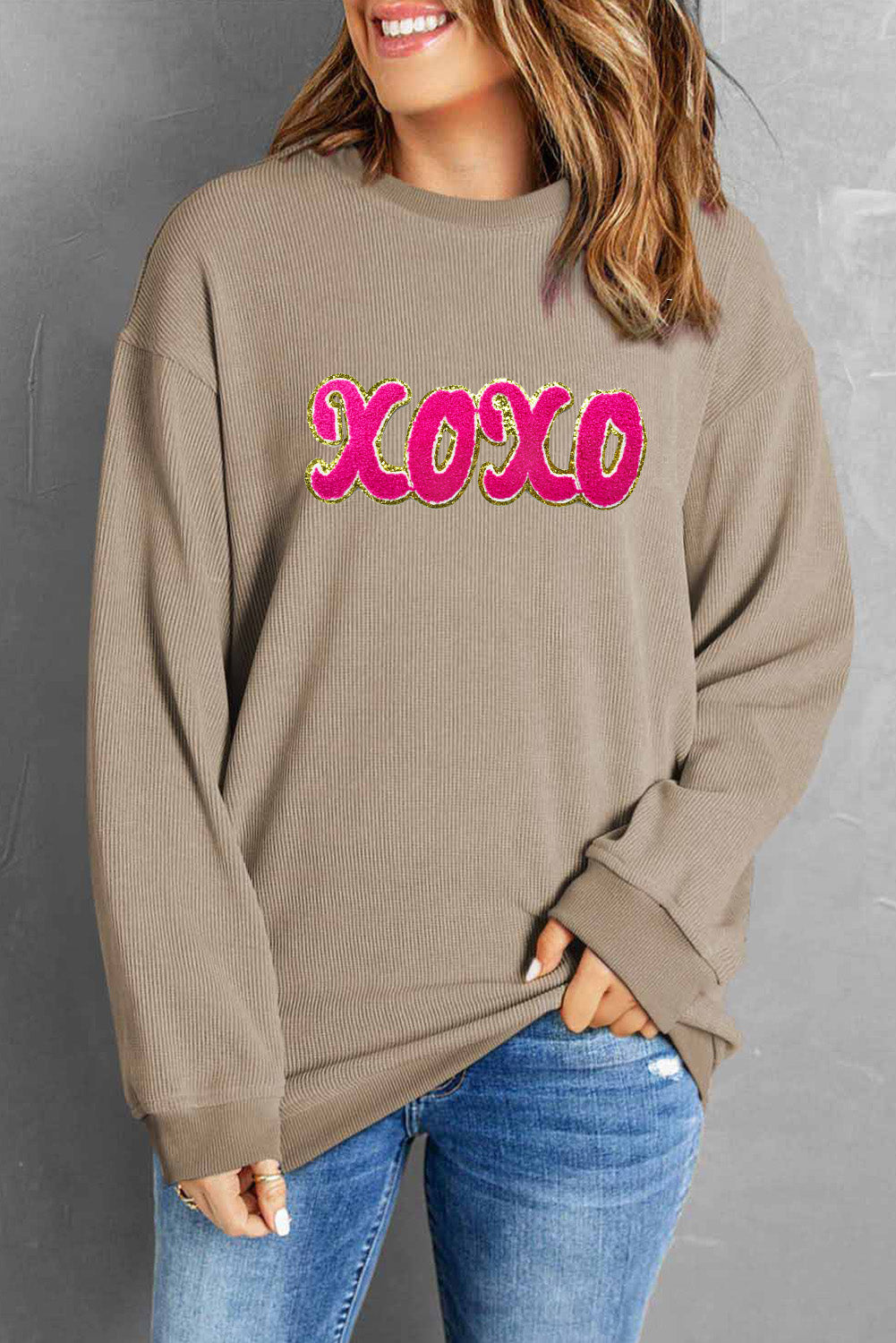 Buy tan XOXO Sequin Round Neck Dropped Shoulder Sweatshirt