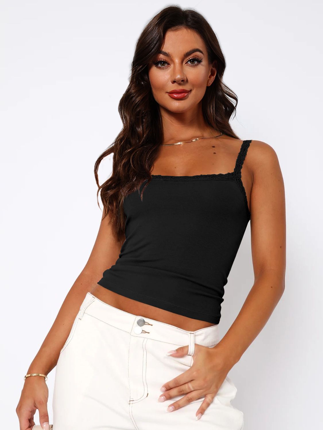 Buy black Lace Trim Straight Neck Cami